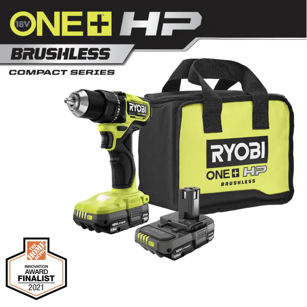 Ryobi One+ HP 18V Brushless Cordless Compact 1/2 in. Drill/Driver Kit with (2) 1.5 Ah Batteries. Charger and Bag
