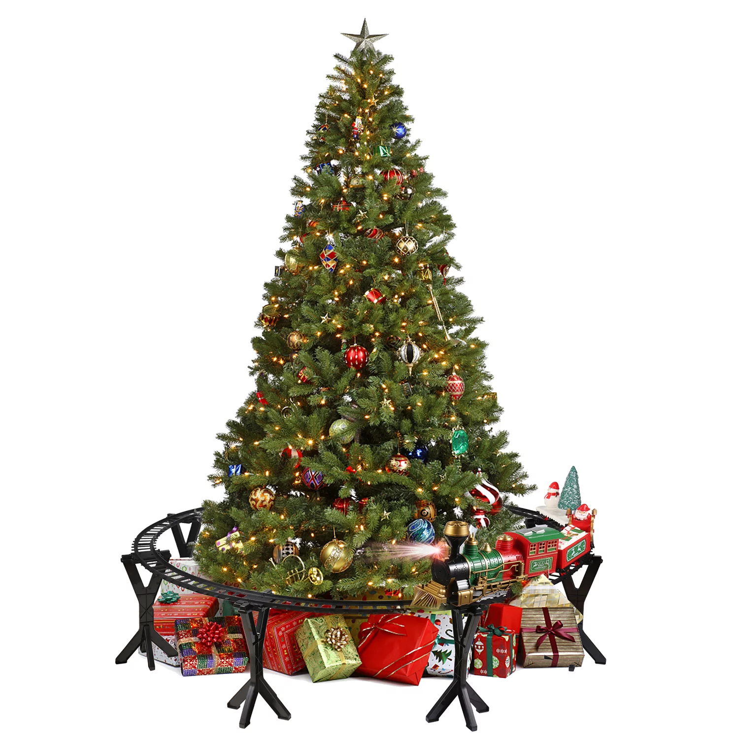 BPC Christmas Train Set for Under The Tree with Lights and Sounds. Big Tracks with Stand