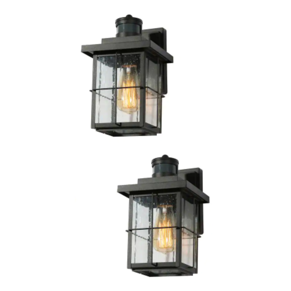 LNC Modern Black Motion Sensing Outdoor Sconce with Seeded Glass Shade. Farmhouse 1-Light Front Door Wall Lantern (2-Pack)