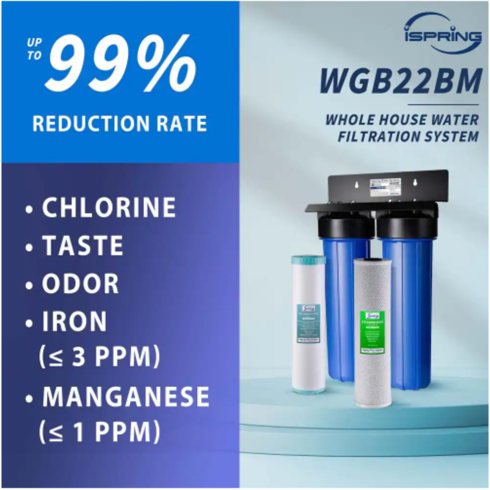 iSpring 2-Stage Whole House Water Filtration System with 20 x 4.5 in. Carbon Block and Iron and Manganese Reducing Filters