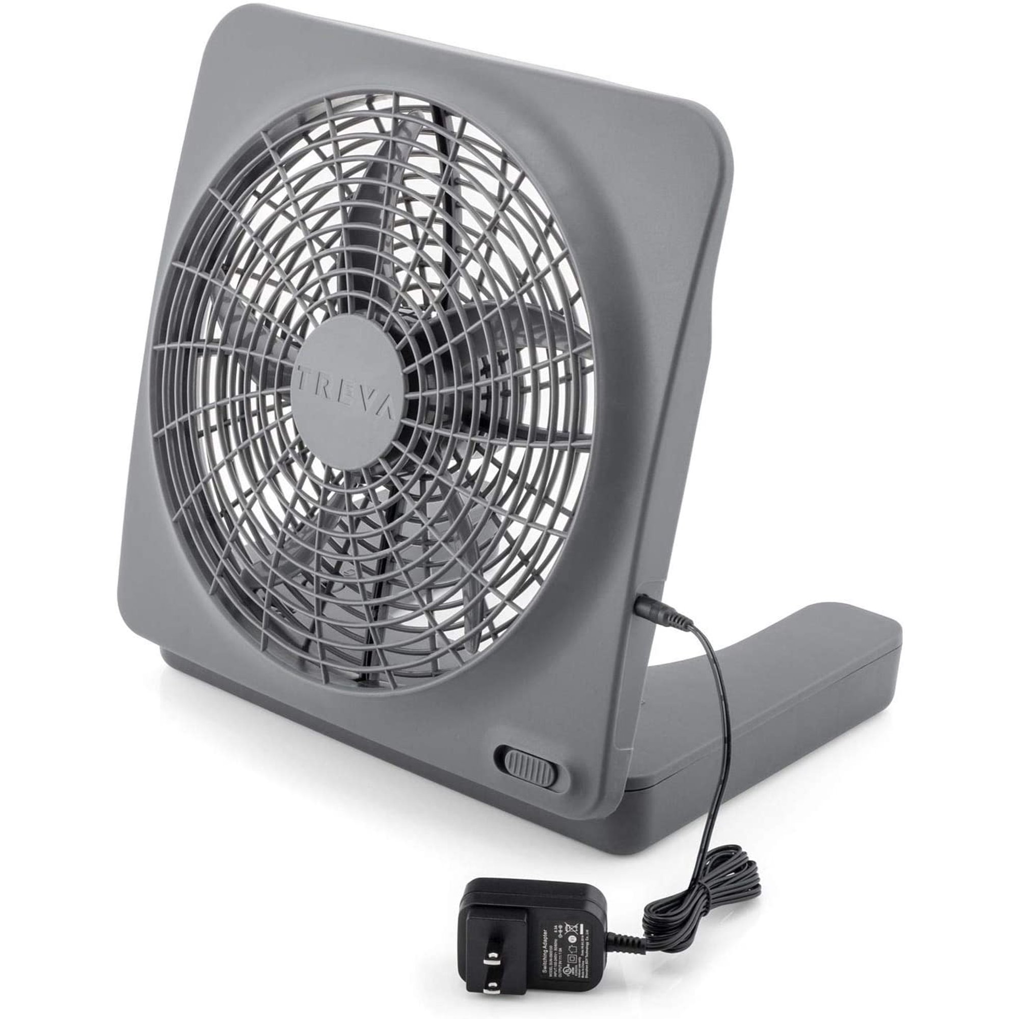 Treva 10 Inch Battery Powered Portable 2 Speed Table Fan With Adapter. Gray