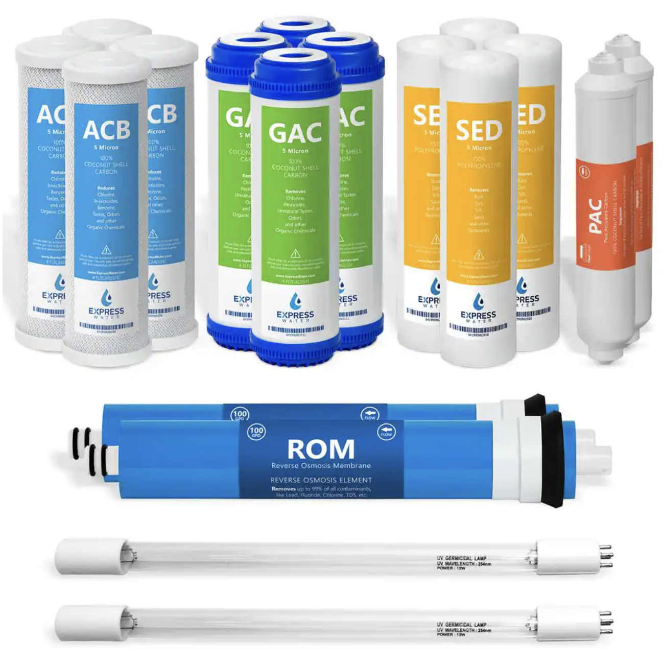 Express Water 2 Year Ultraviolet Reverse Osmosis System Replacement Filter Set. 18 Filters with 100 GPD RO Membrane
