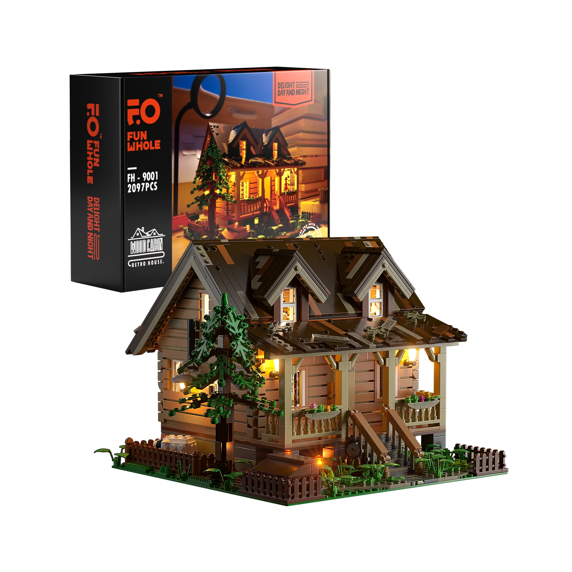 FunWhole Wood Cabin Building Set with LED Lights - Construction Building Model Set. 2097 PCS
