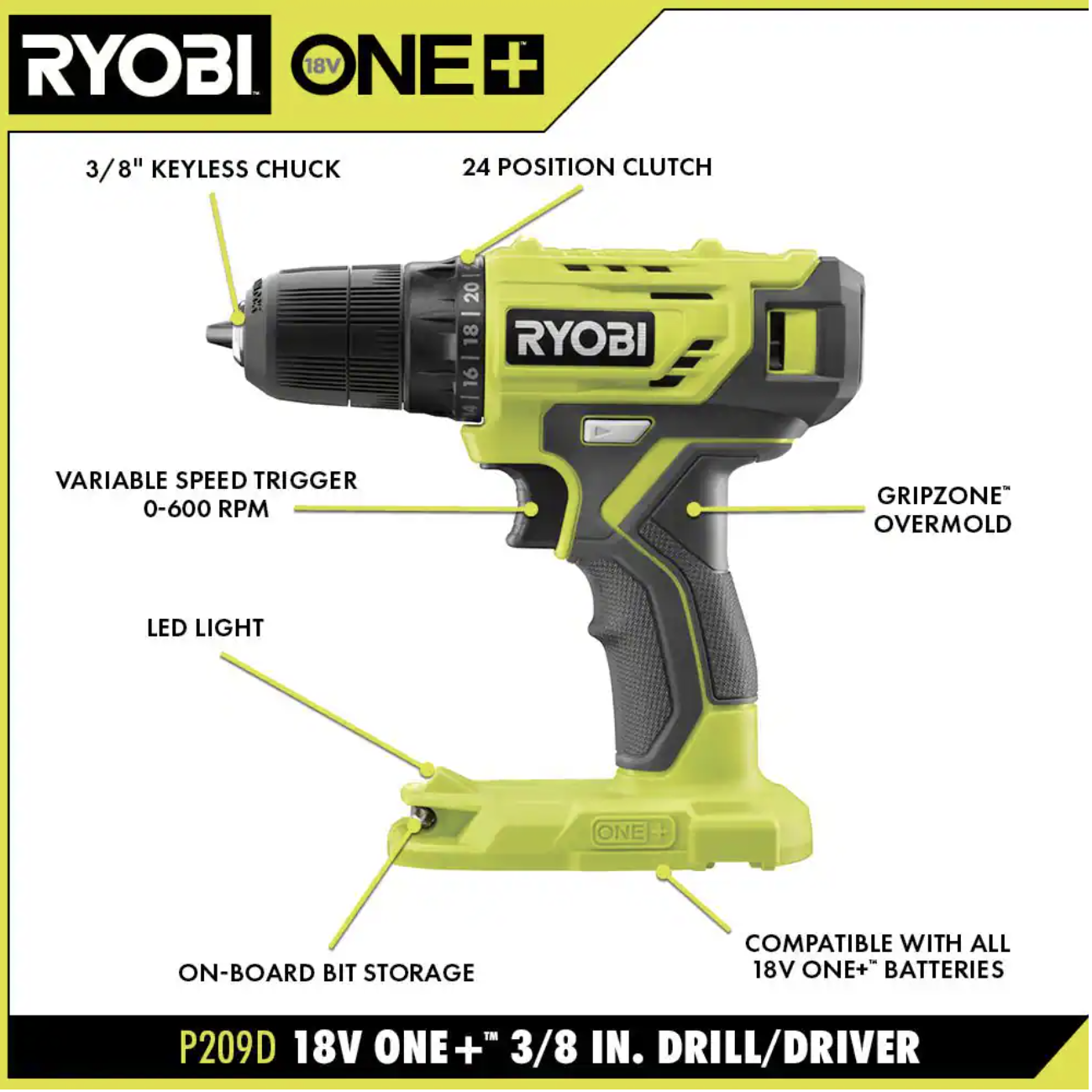 Ryobi One+ 18V Cordless 3/8 in. Drill/Driver Kit with 1.5 Ah Battery. Charger. and Drill and Drive Kit (95-Piece)