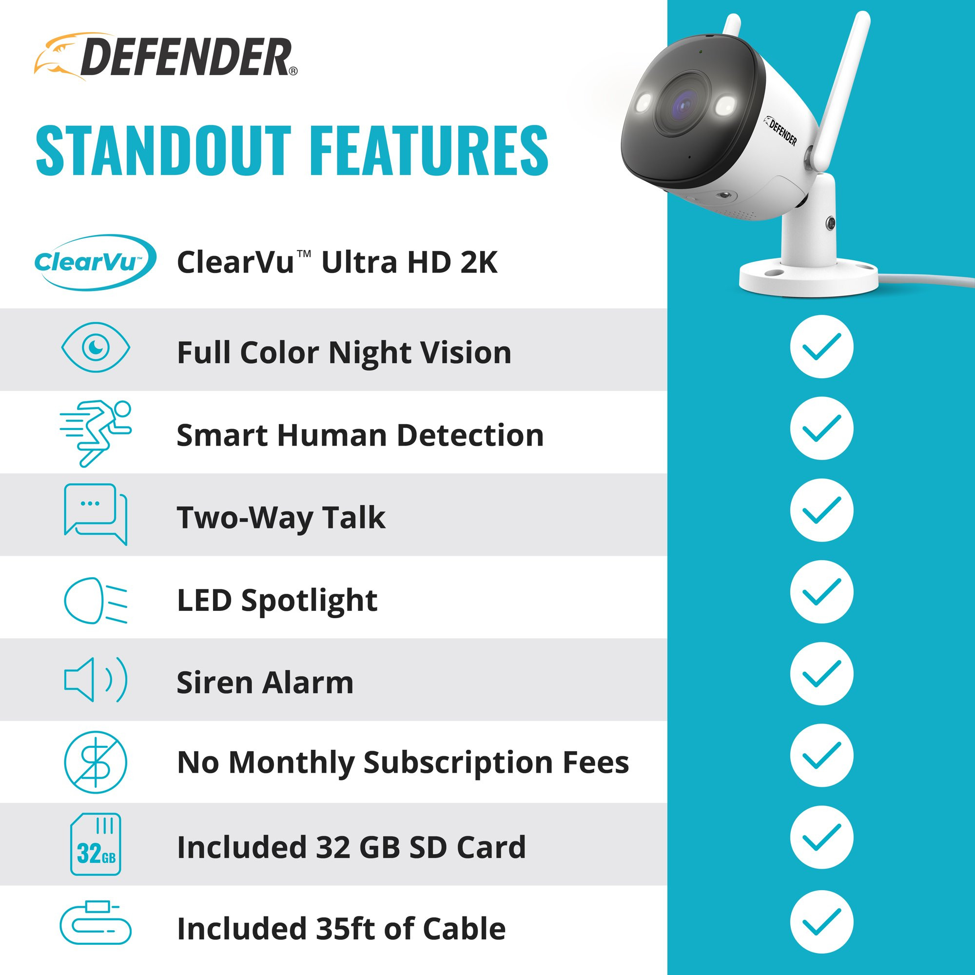 Defender Guard Pro 2K WiFi. Plug-in Power Security Camera with Color Night Vision. Two-Way Talk. 32 GB SD Cards. 2 Pack