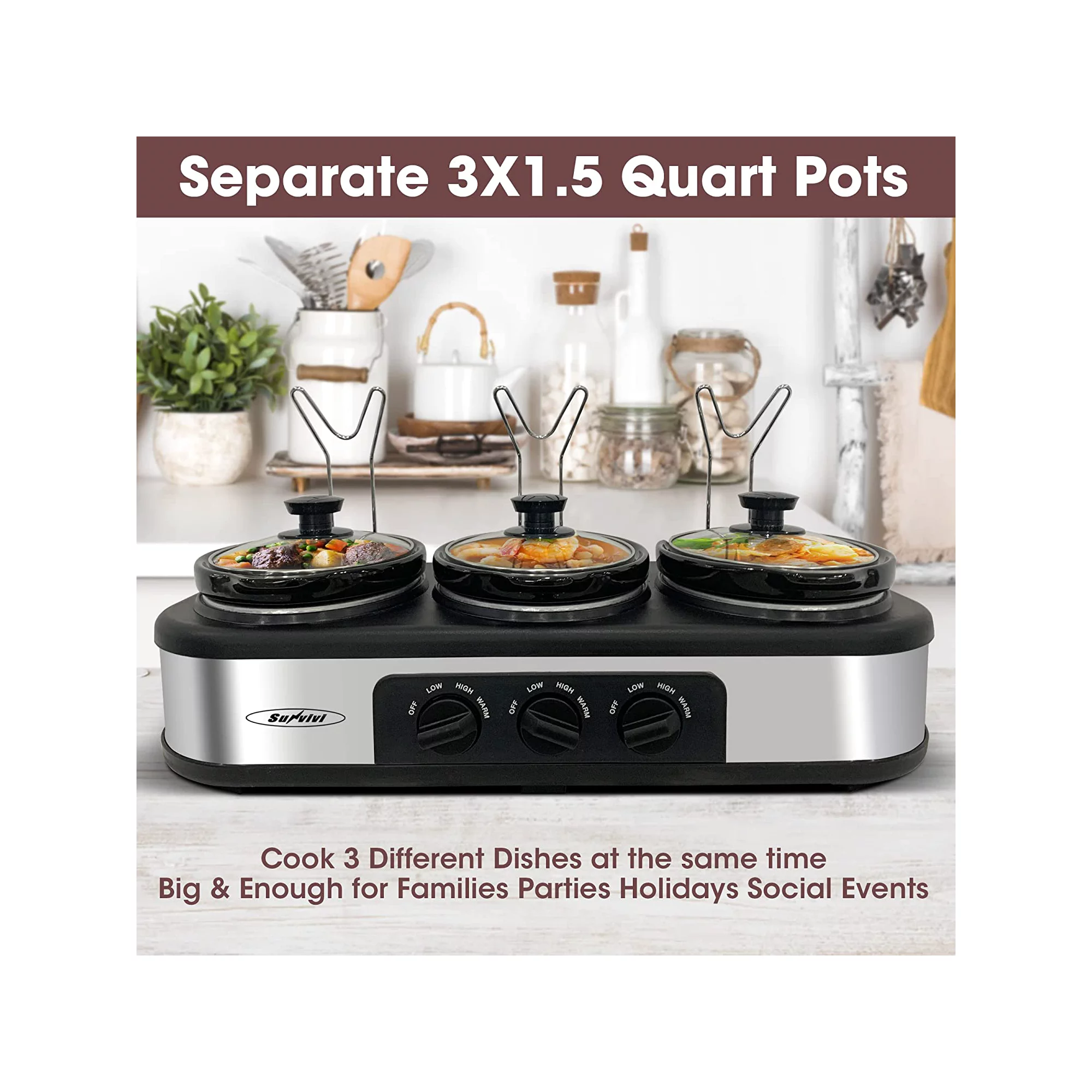 Superjoe Triple Slow Cooker. 3×1.5 Quart Electric Slow Cooker Buffet Server. Food Warmer Pot. Adjustable Temp Removable Ceramic Pots Lid Rests