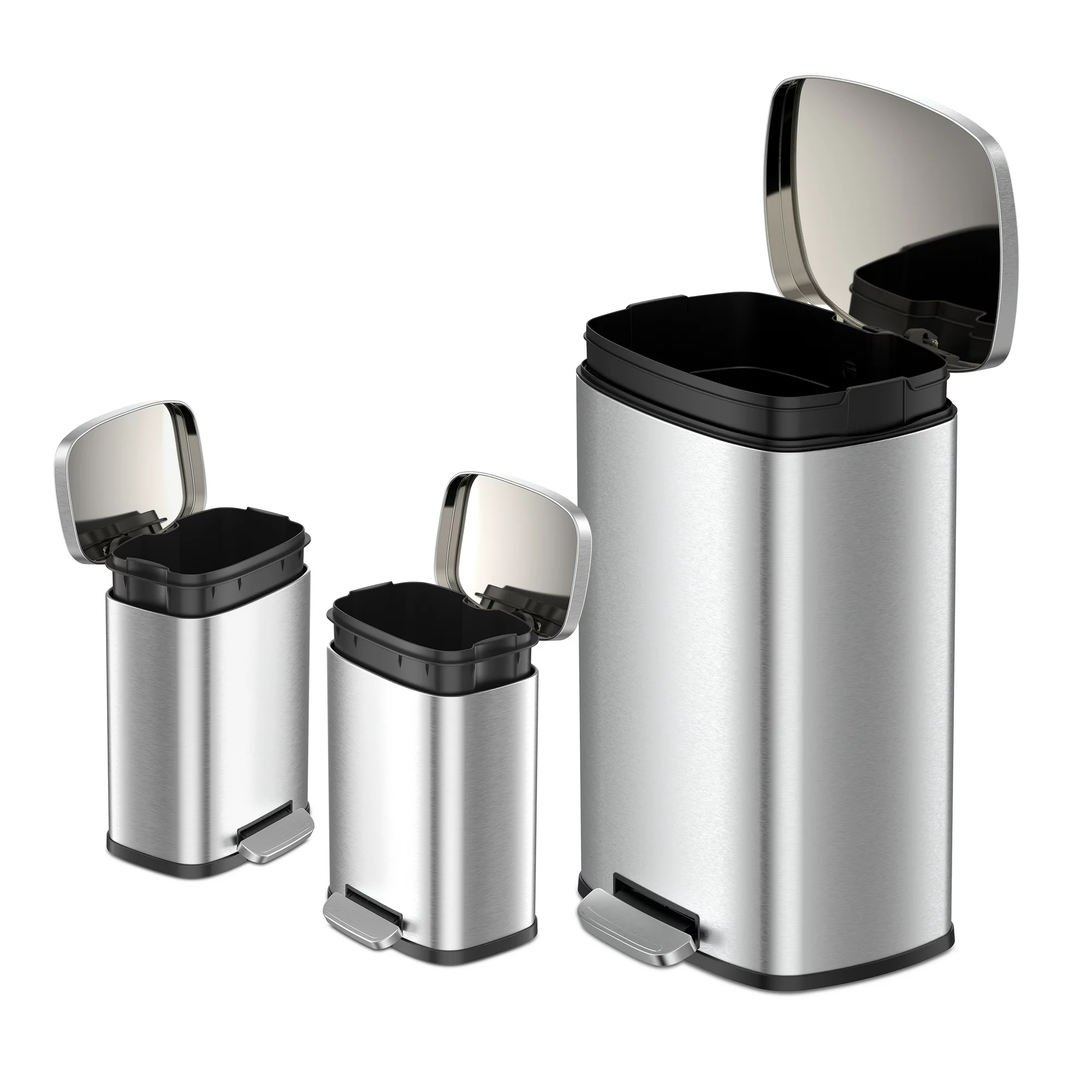 Qualiazero Rectangular Step Garbage Can. 3 Piece Combo. (1) 13.2 Gal . (2) 1.3 Gal. Stainless Steel