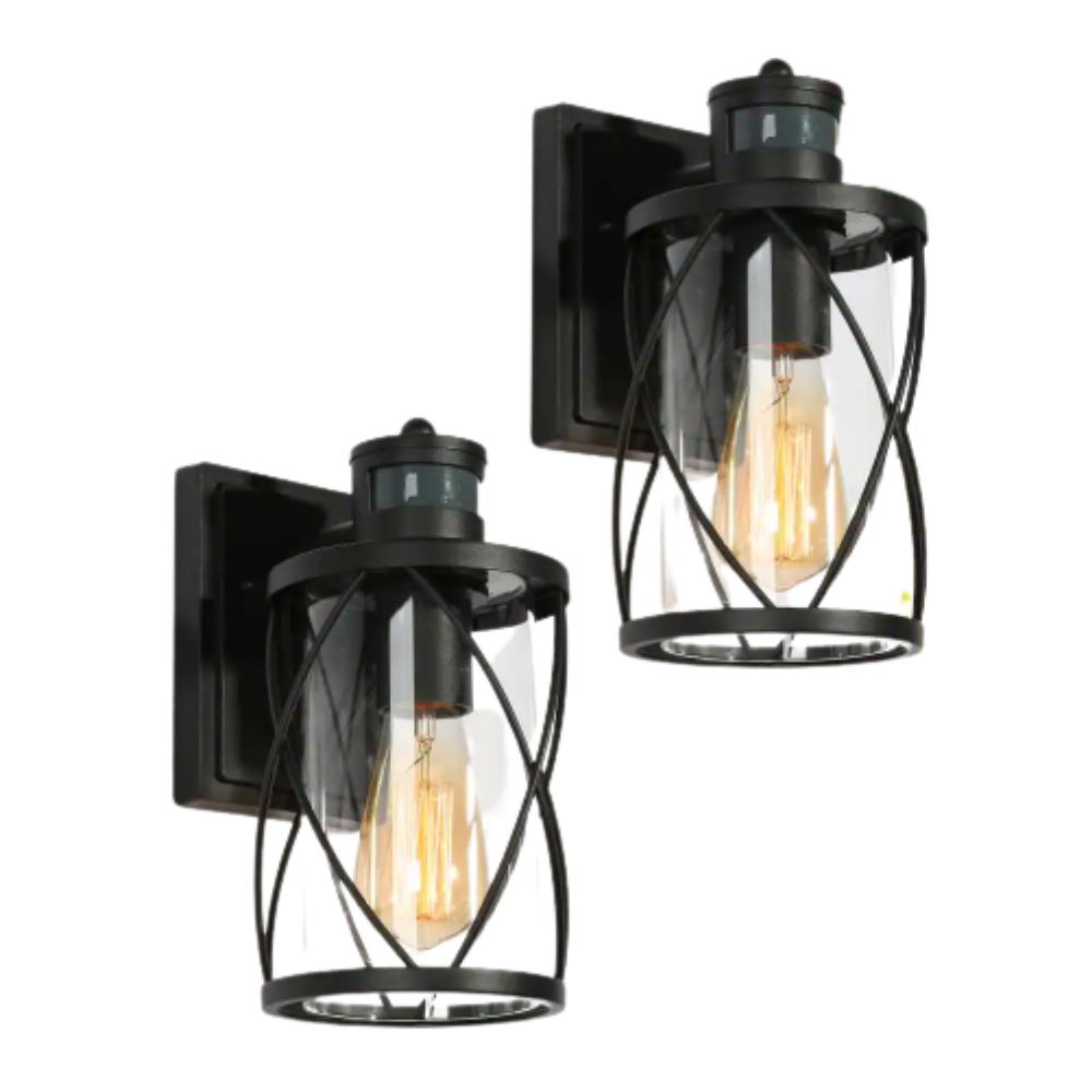 Uolfin Modern Black Drum Outdoor Wall Light TORA 1-Light Motion Sensor Wall Lantern Sconce with Clear Glass Shade (2-Pack)