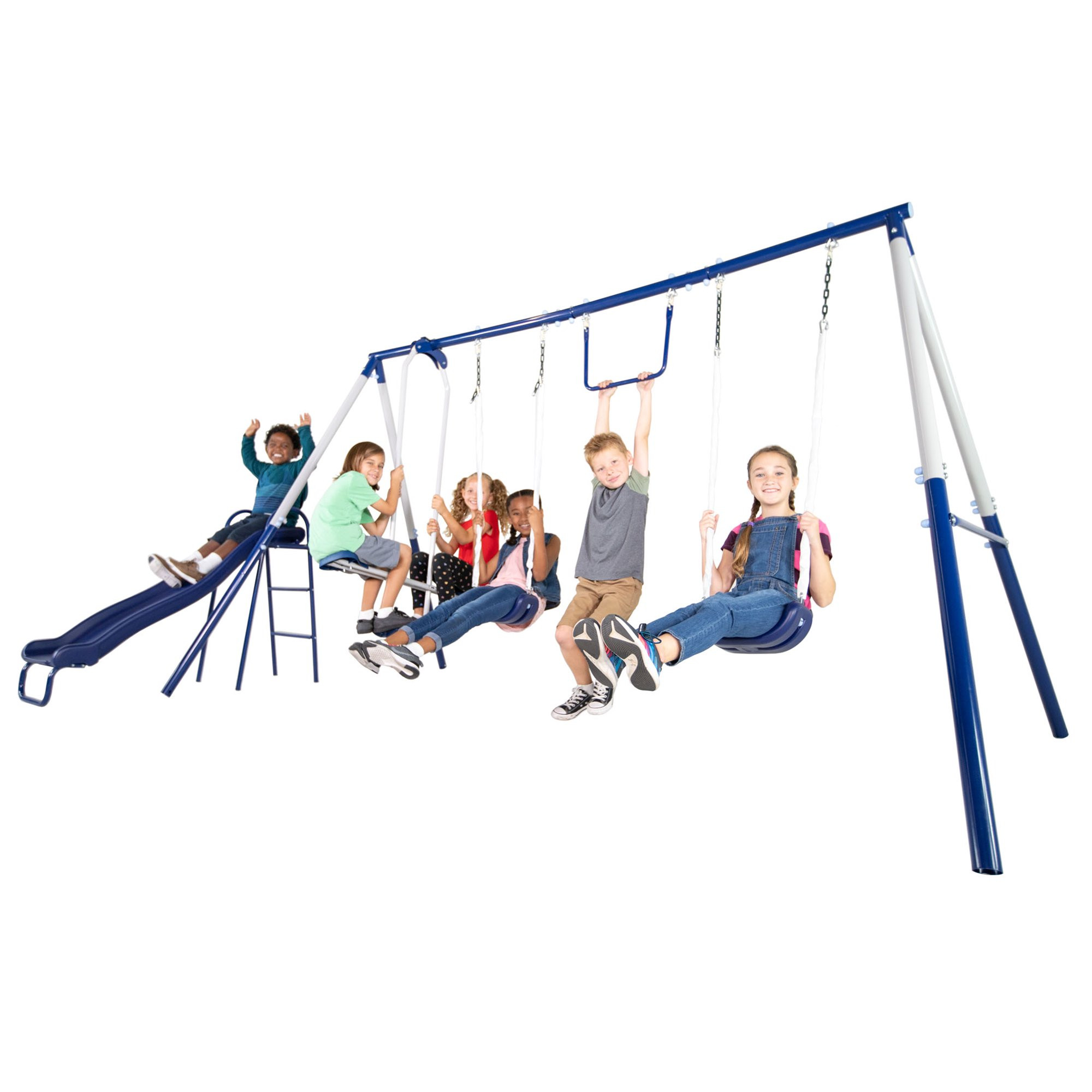 Sportspower Arcadia Metal Swing Set with 5 Ft. Slide. Trapeze. 2 Person Glider Swing