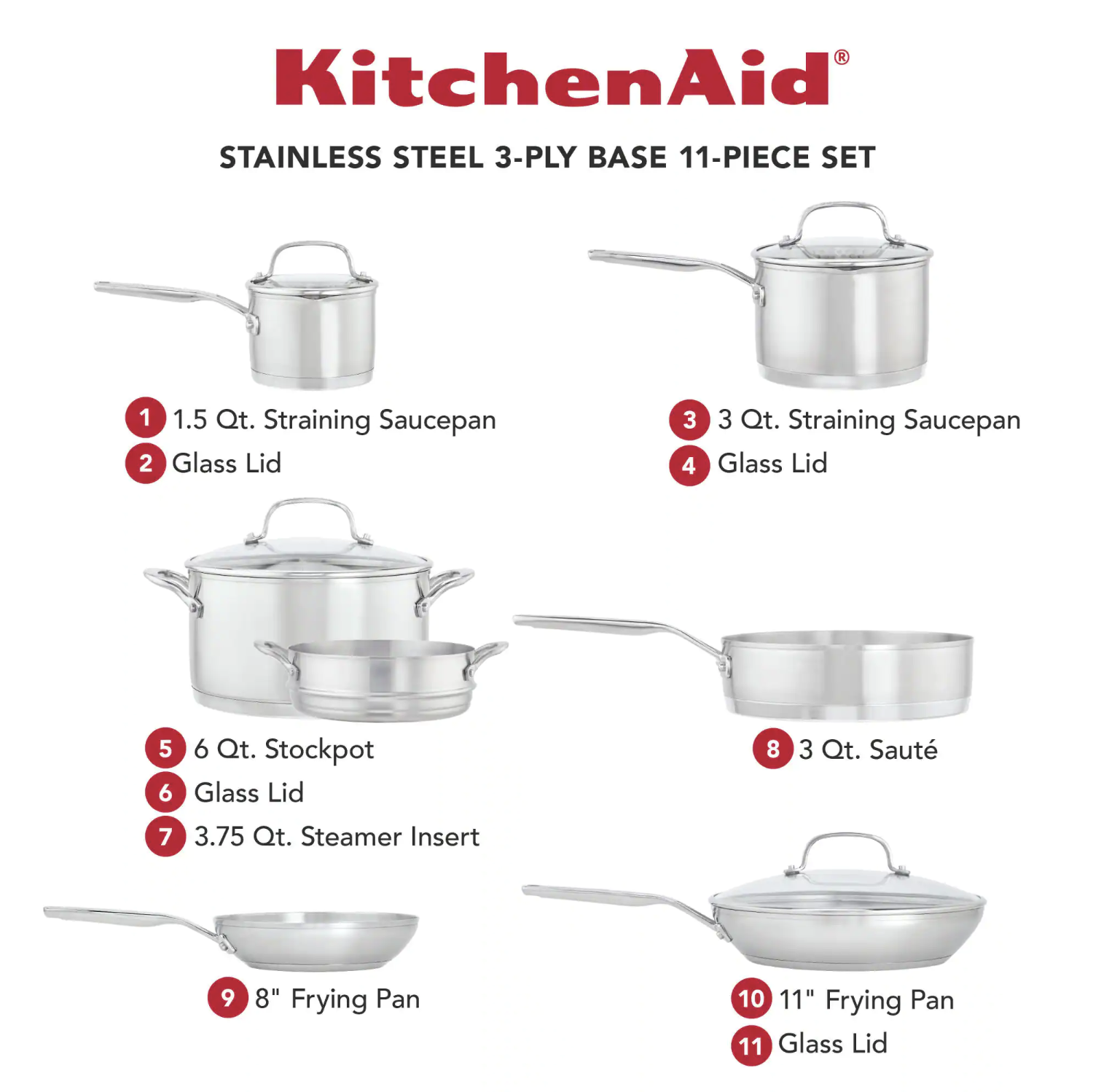 KitchenAid 11-Piece 3-Ply Base Stainless Steel Cookware Set. Silver
