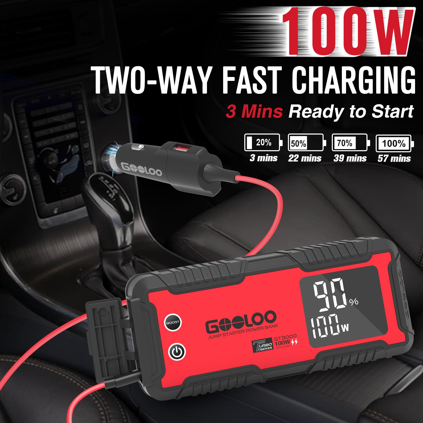 Gooloo GT3000 Car Jump Starter 3000A Portable SuperSafe 100W 22800mAh 12V Battery Charger Pack for 8.0L Gas/10.0L Diesel Engine