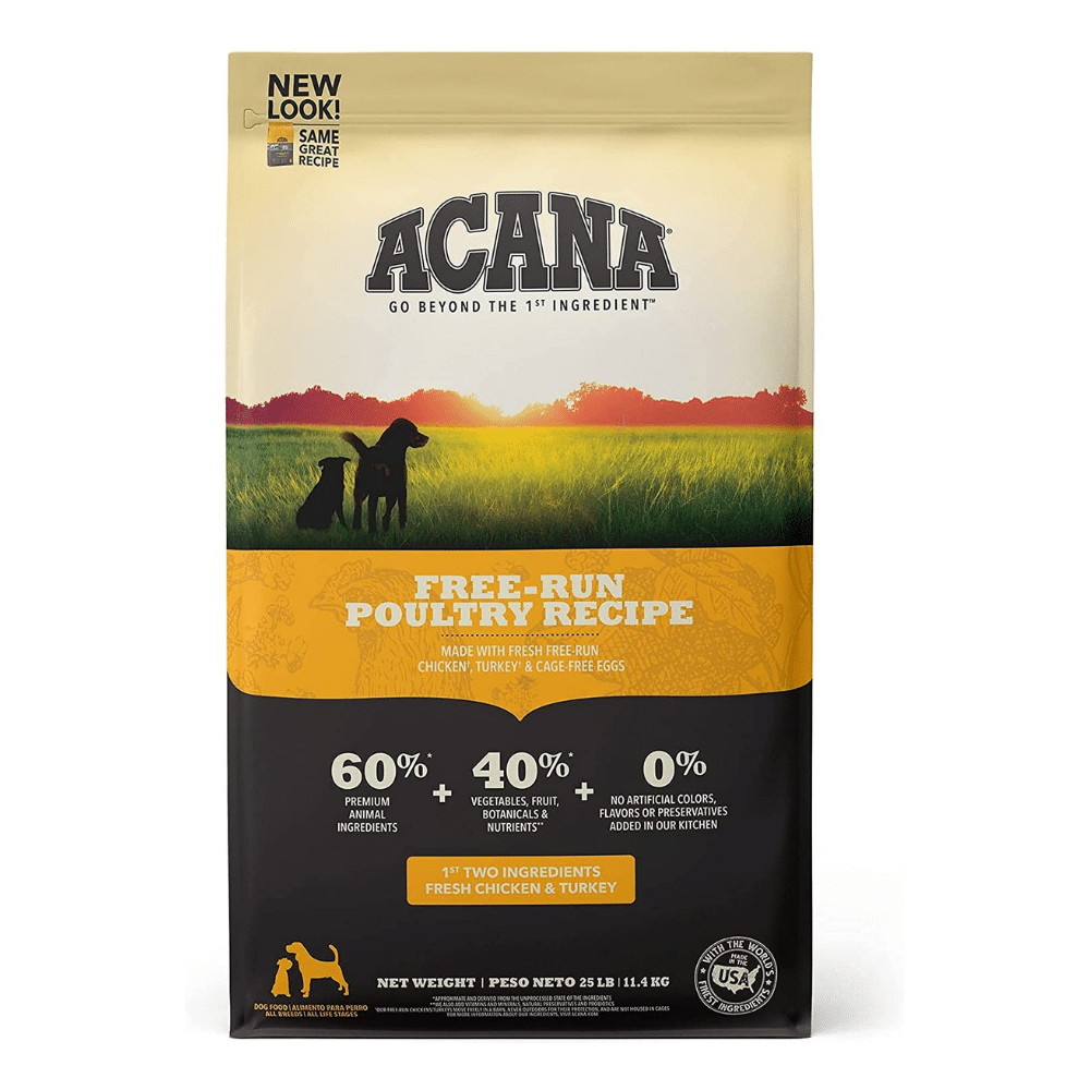 Acana Grain Free Dog Food. Free Run Poultry. Chicken. Turkey. Cage-Free Eggs. 25 Pounds