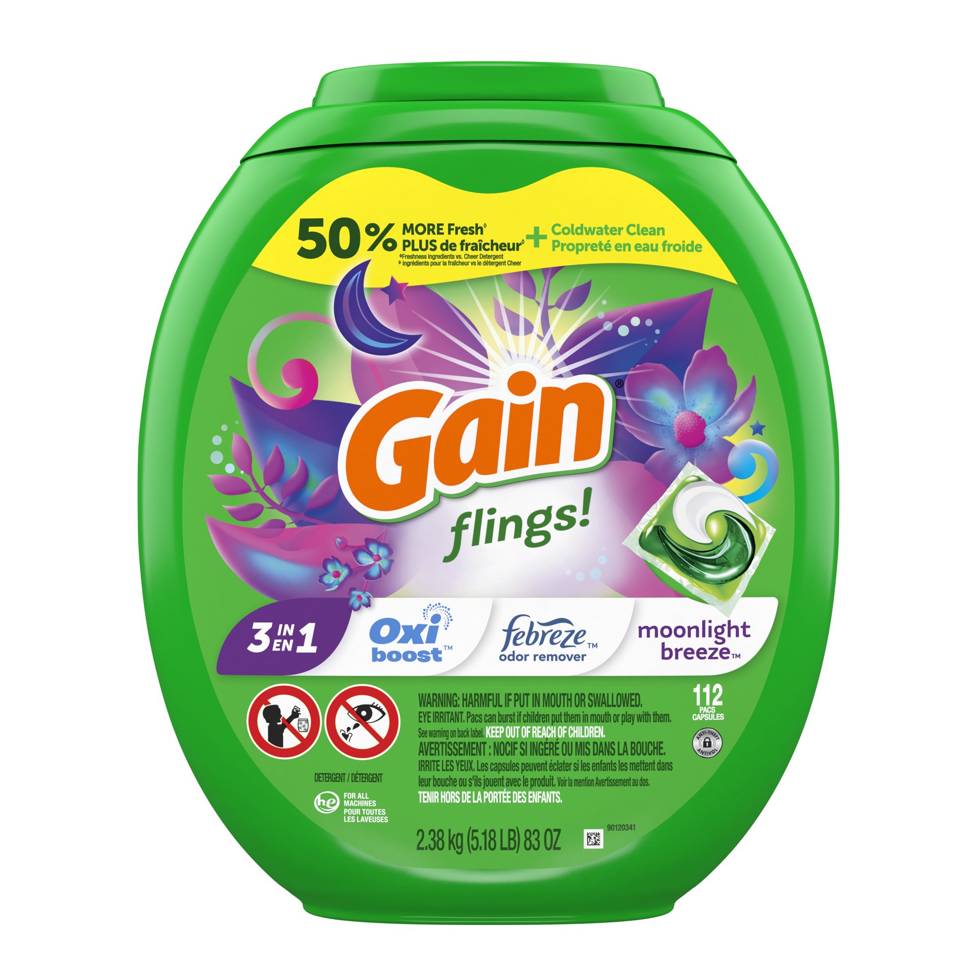 Gain Flings Laundry Detergents Pod. Moonlight Breeze. 112 Ct