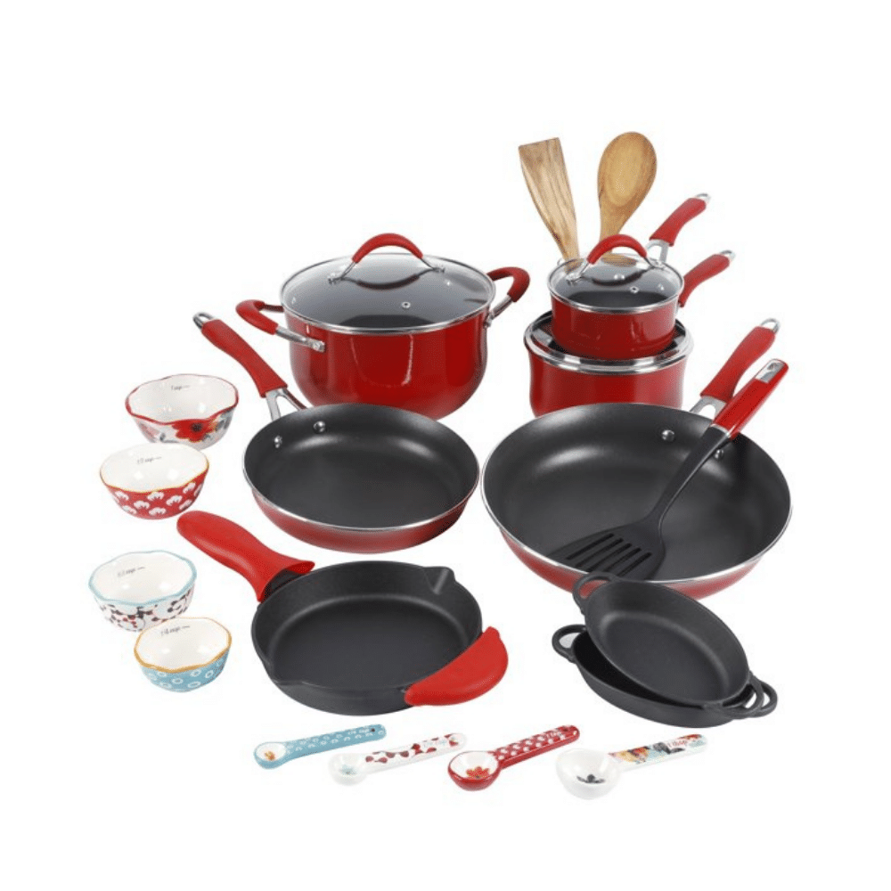 The Pioneer Woman Frontier Speckle 24-Piece Cookware Combo Set. Red
