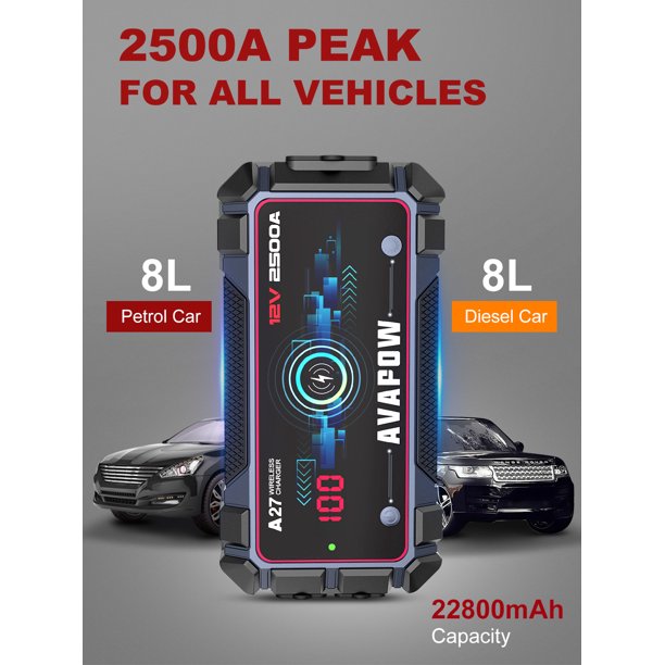 Avapow Car Battery Jump Starter 2500A Peak 22800mAh. Portable Auto Battery Boost Pack Jumper Box. IP65
