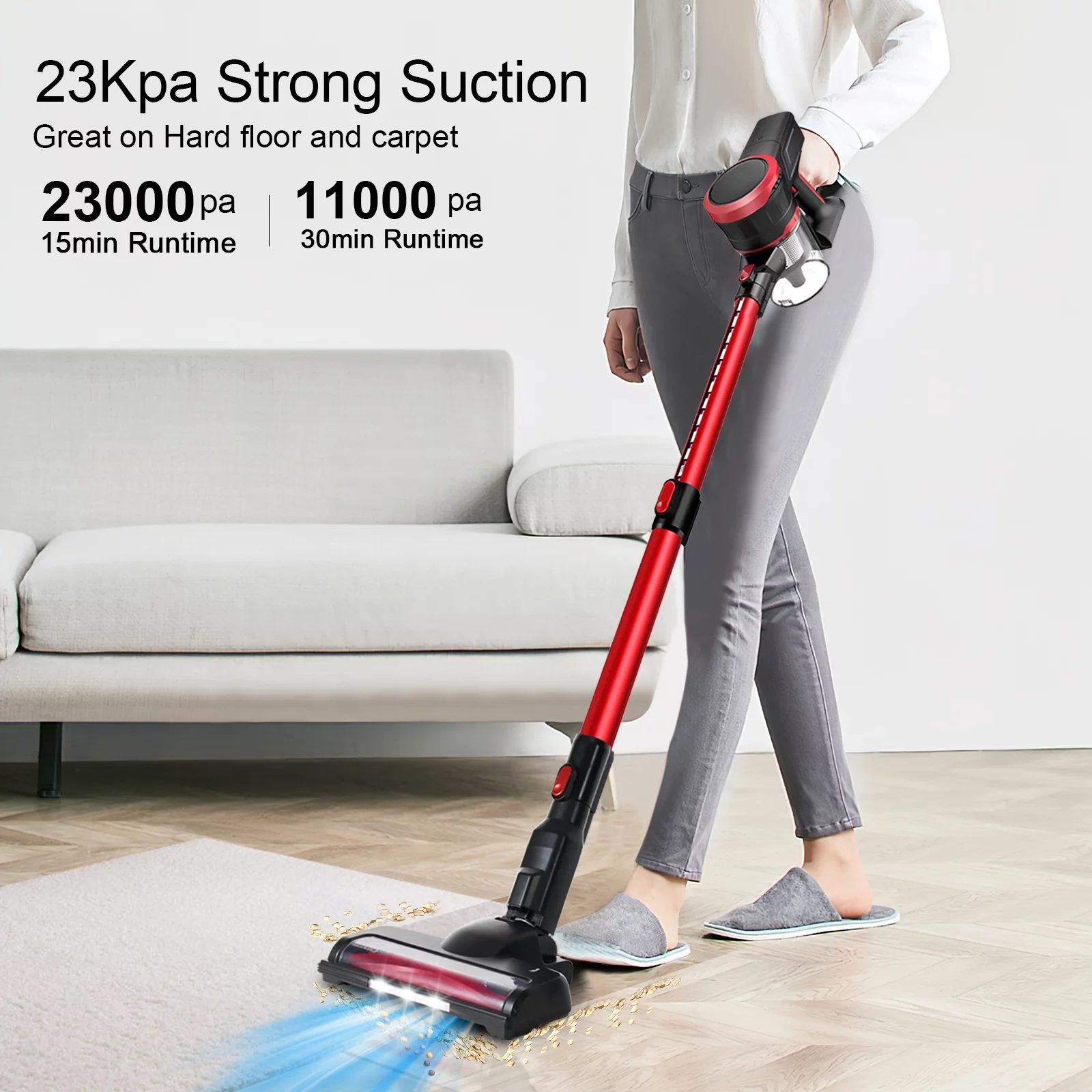 Tocwon Cordless Vacuum Lightweight Stick Vacuum Cleaner with 23Kpa Suction. Fast Charging. Red