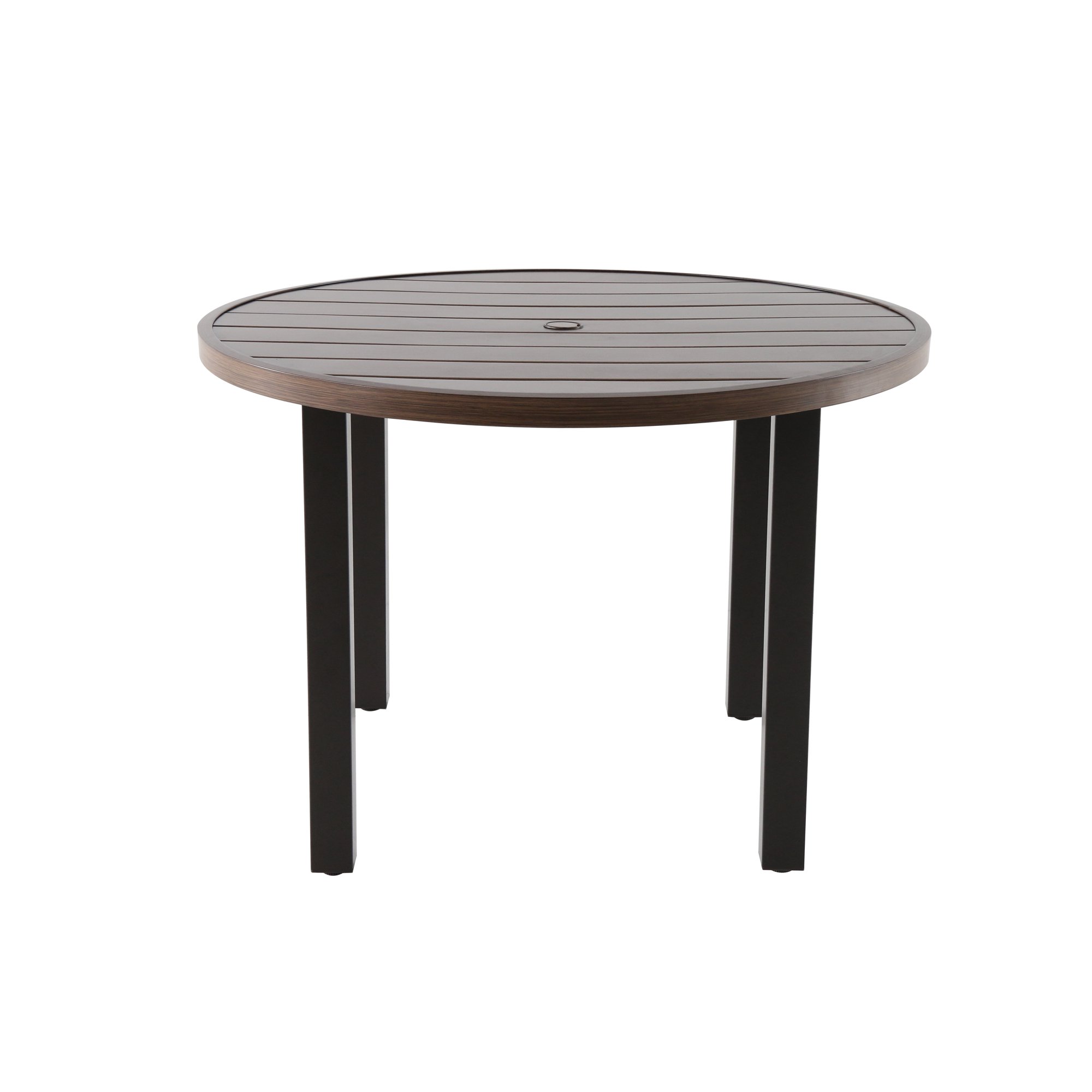 Better Homes & Gardens Camrose Farmhouse Outdoor Steel Slat Round Table. Brown