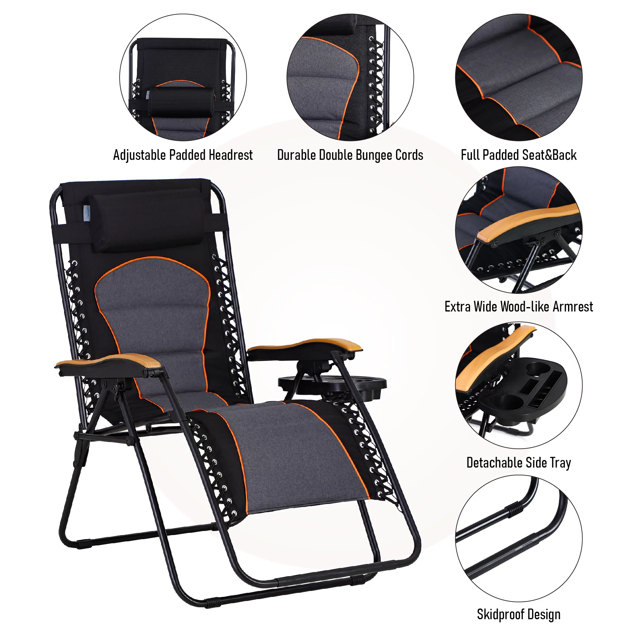 Sophia & William Oversized Outdoor Padded Zero Gravity Chair. Dark Gray and Black