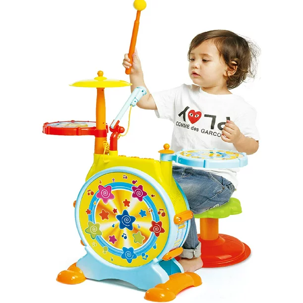 Prextex Kids Drum Set with Working Microphone. Lights. Adjustable Sound. Bass Drum. Pedal. Drum Sticks