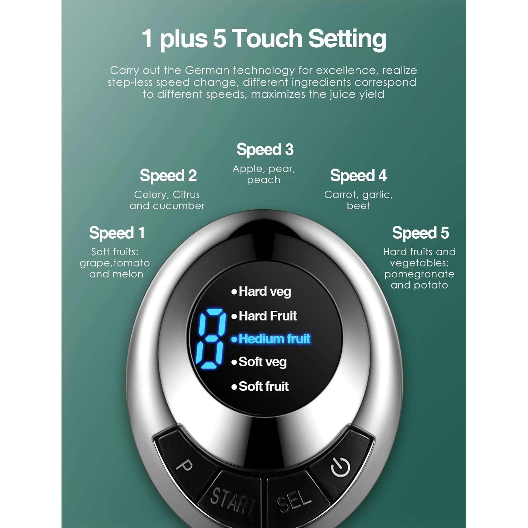 Aicook 800W Juicer Machines. LED Display Control. Easy to Clean. Silver