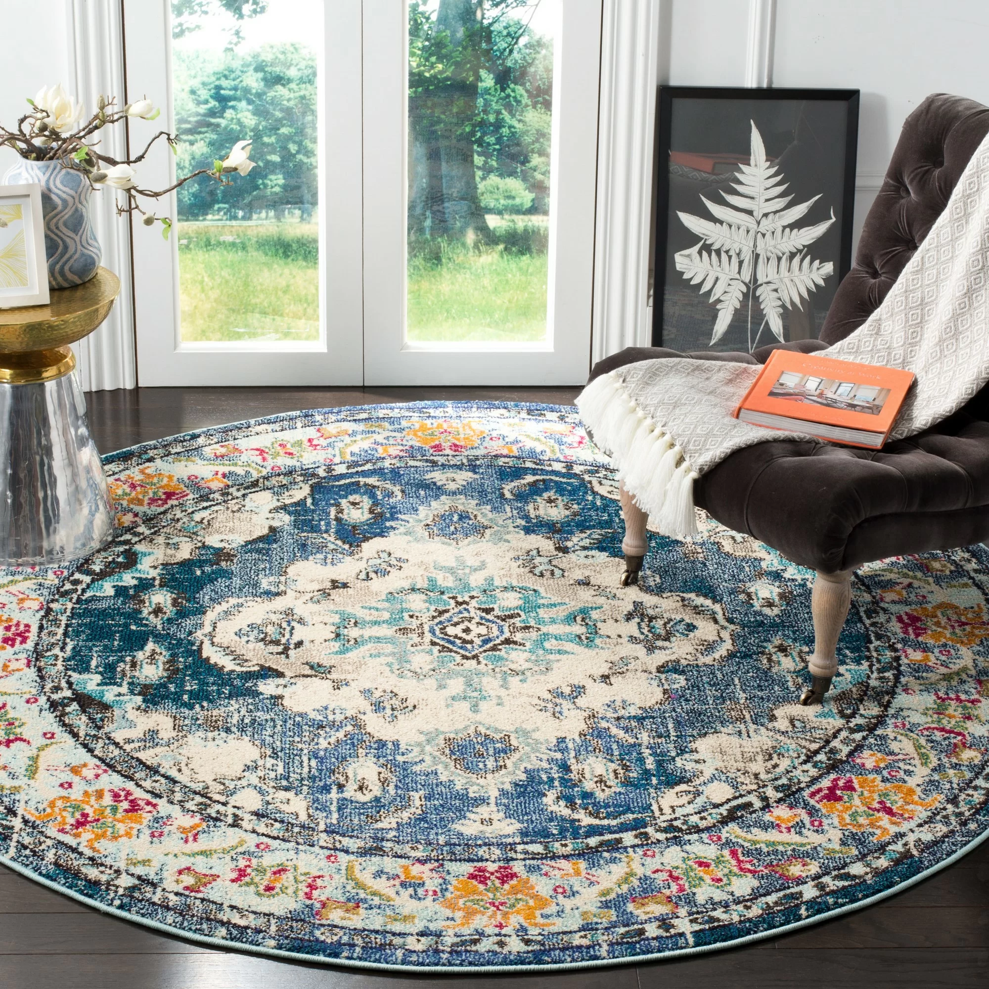 Langley Street Hertzler Machine Woven / Power Loomed Performance Navy/Light Blue Rug. Round 11′