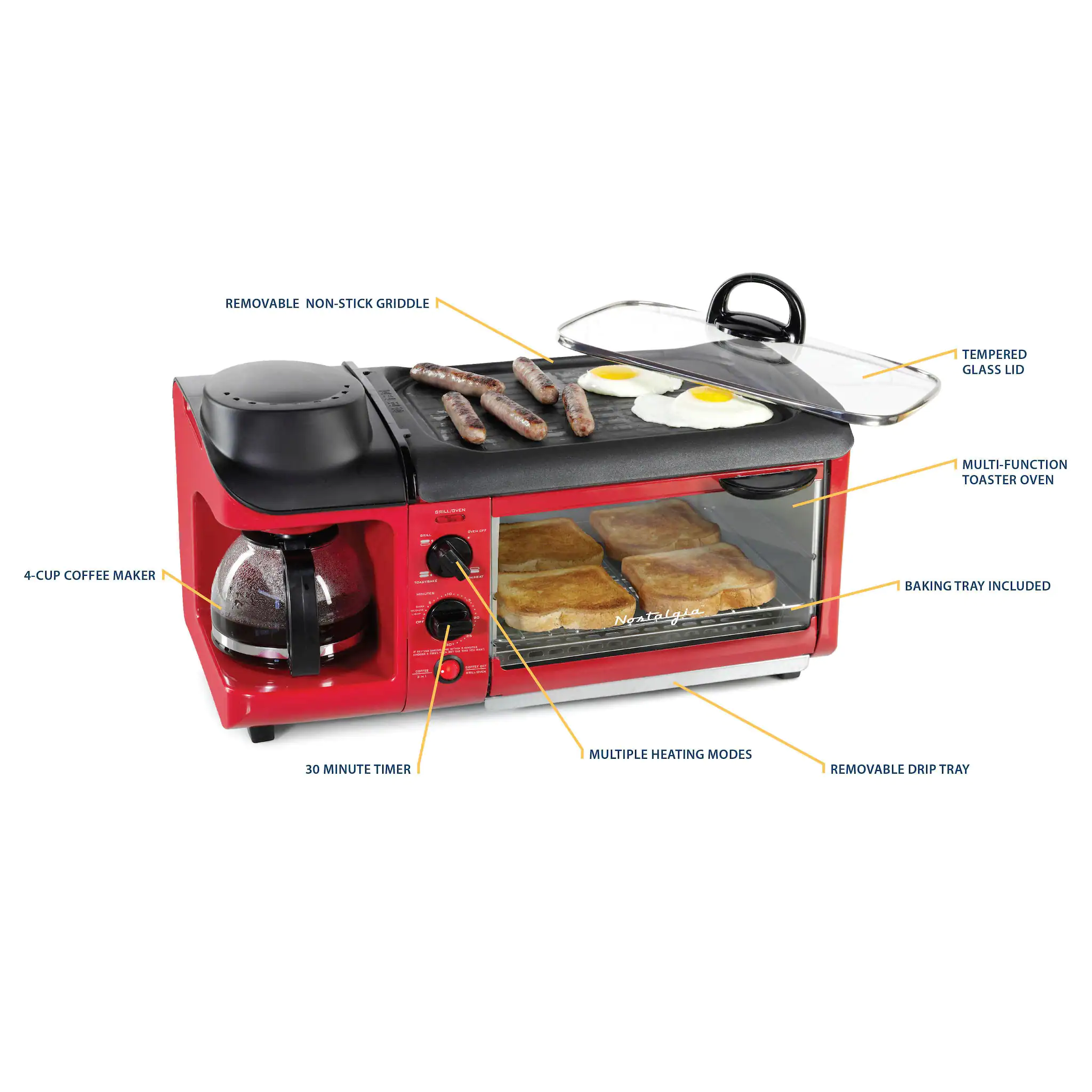 Nostalgia 1500 W 4-Slice Red Toaster Oven Breakfast Station