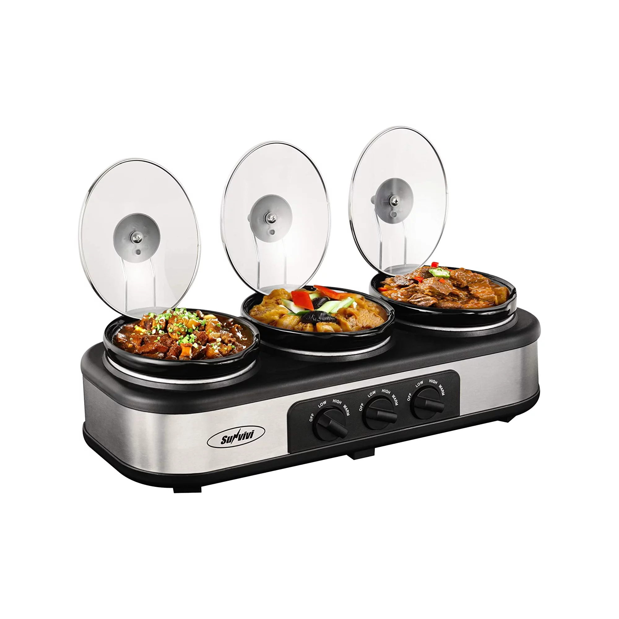 Royalcraft Triple Slow Cooker with 3 Spoons. 3 Pots 1.5 Quart Oval Crockpot Food Warmer Buffet Server