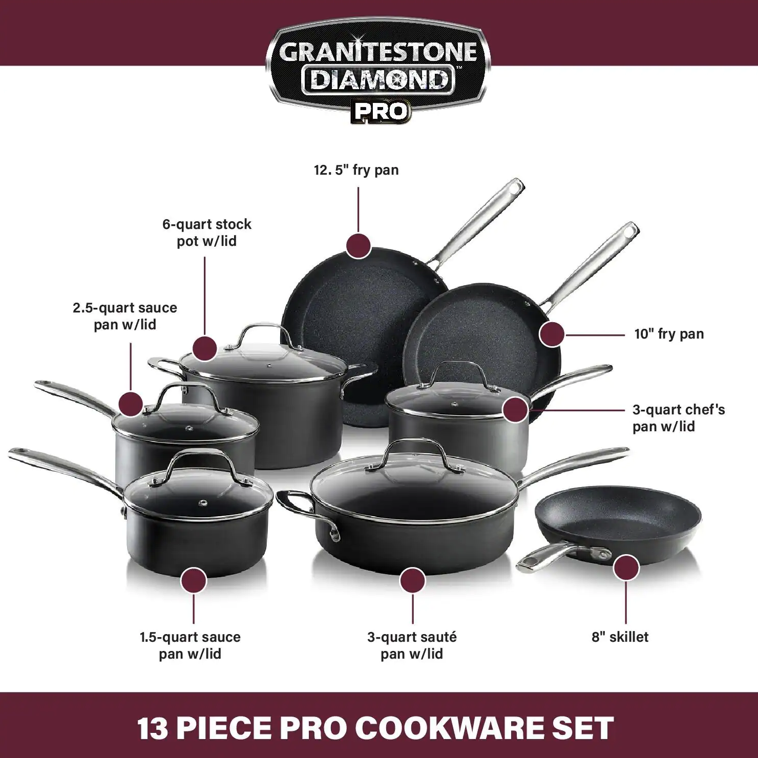 Granitestone Professional 13-Piece Aluminum Hard Anodized Diamond and Mineral Coating Nonstick Premium Cookware Set