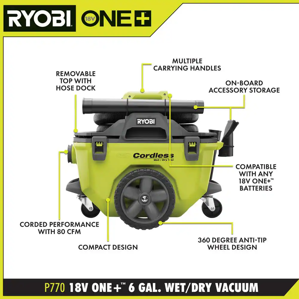 Ryobi ONE+ 18V 6 Gal. Cordless Wet/Dry Vacuum (Tool Only) With Hose. Crevice Tool. Floor Nozzle and Extension Wand