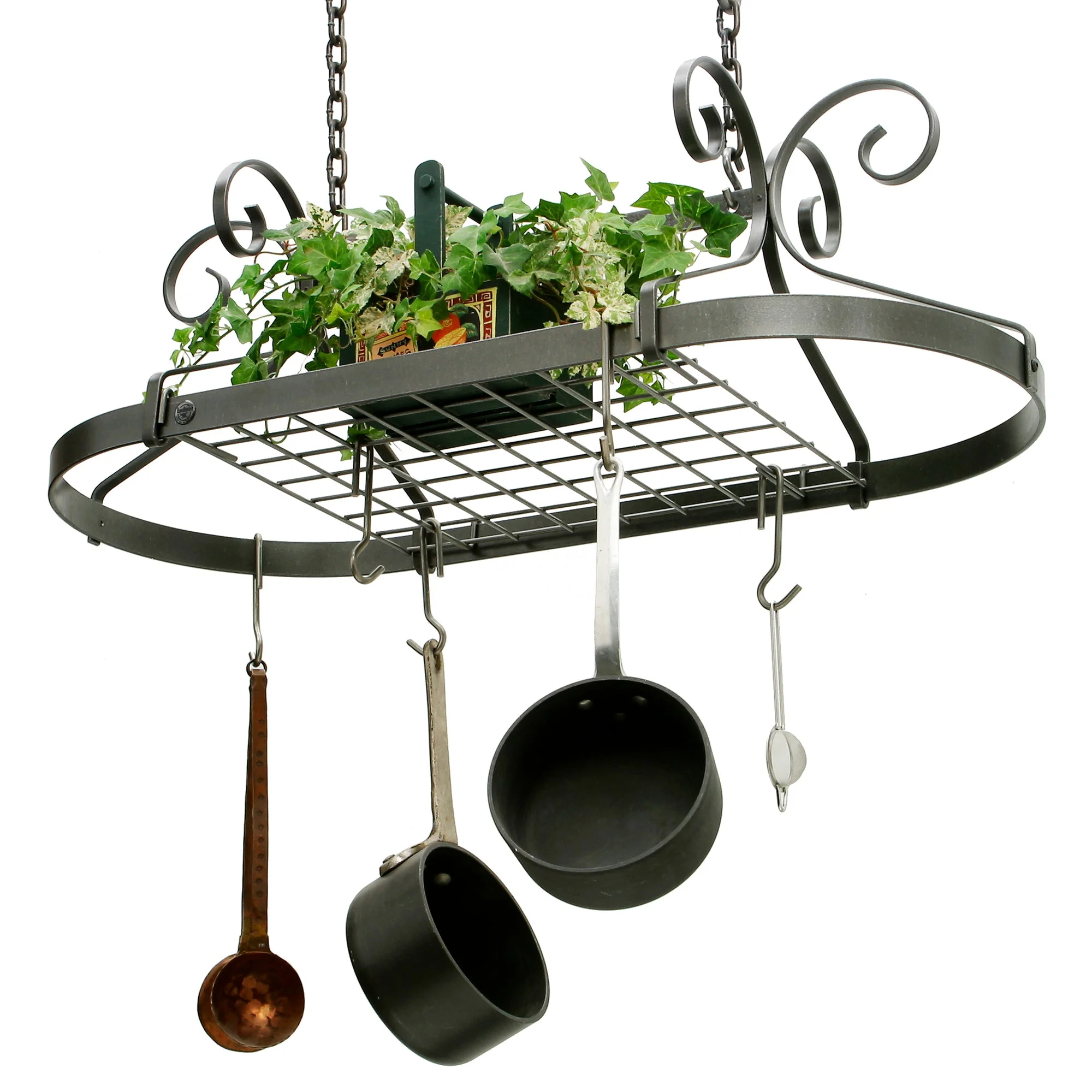 Enclume USA Handcrafted Decor Scrolled Oval Hanging Pot Rack. Hammered Steel