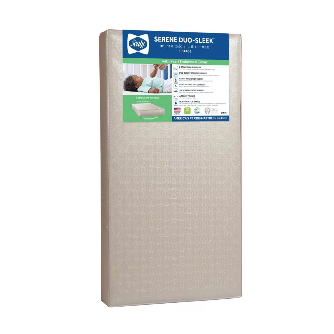 Sealy Serene Duo-Sleek 2-Stage Foam Crib and Toddler Mattress. 52″ x 28″