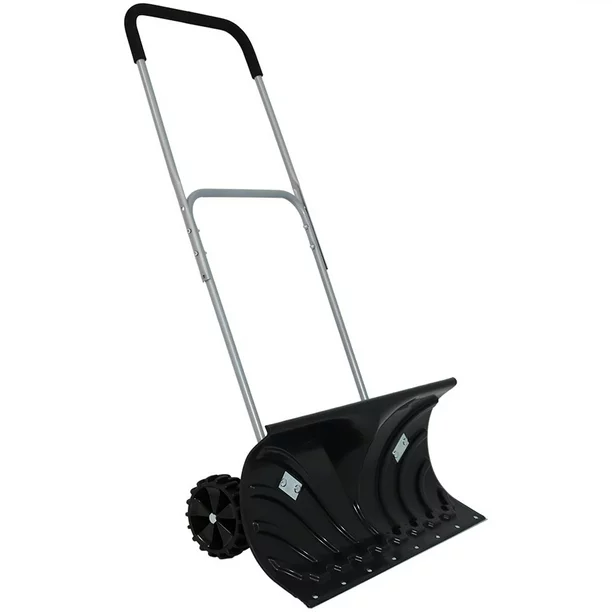 Casl Brands Outdoor Heavy-Duty Rolling Snow Plow Pusher Shovel With Adjustable Aluminum Handle - Black - 26″