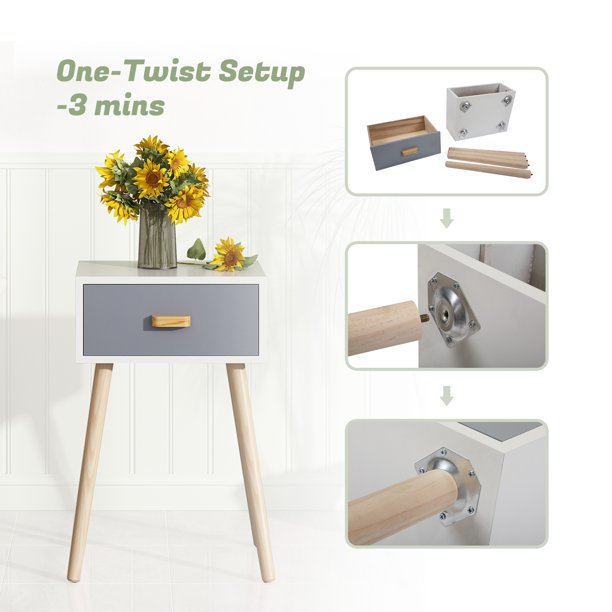 Jaxpety Mid Century Modern Nightstands Set Of 2. Ivory White & Bluish Gray