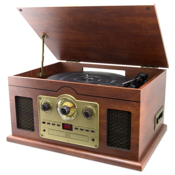 iLive 6-in-1 Bluetooth Turntable With CD/Cassette Players And AM/FM Radio. ITTB610LW. Brown