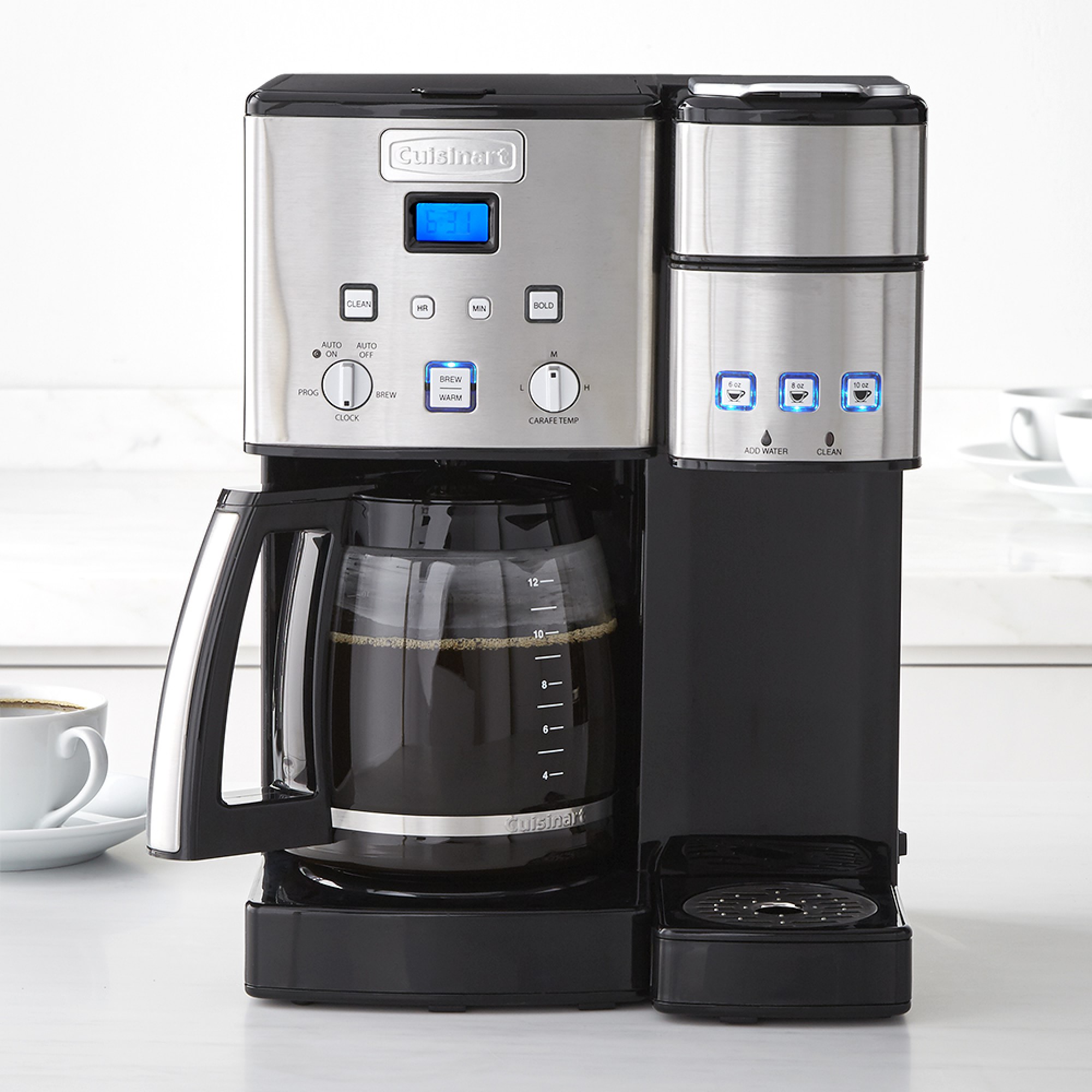 Coffee 12-Cup Center and Single-Serve Brewer with Glass Carafe. Stainless-Steel