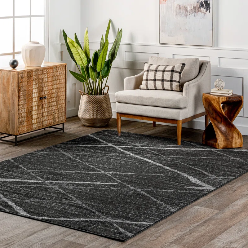 Wrought Studio Amiia Abstract Power Loom Performance Dark Gray Rug. Rectangle 10′ x 14′