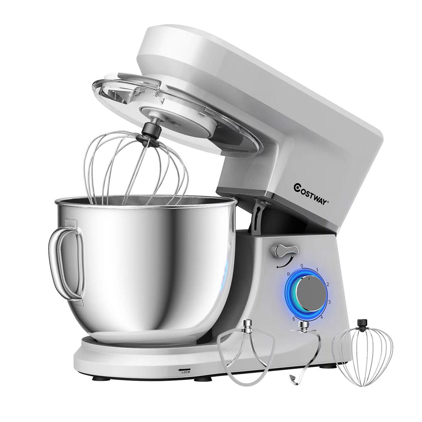 Costway Tilt-Head Stand Mixer 7.5 Qt 6 Speed 660W with Dough Hook. Whisk & Beater. Silver