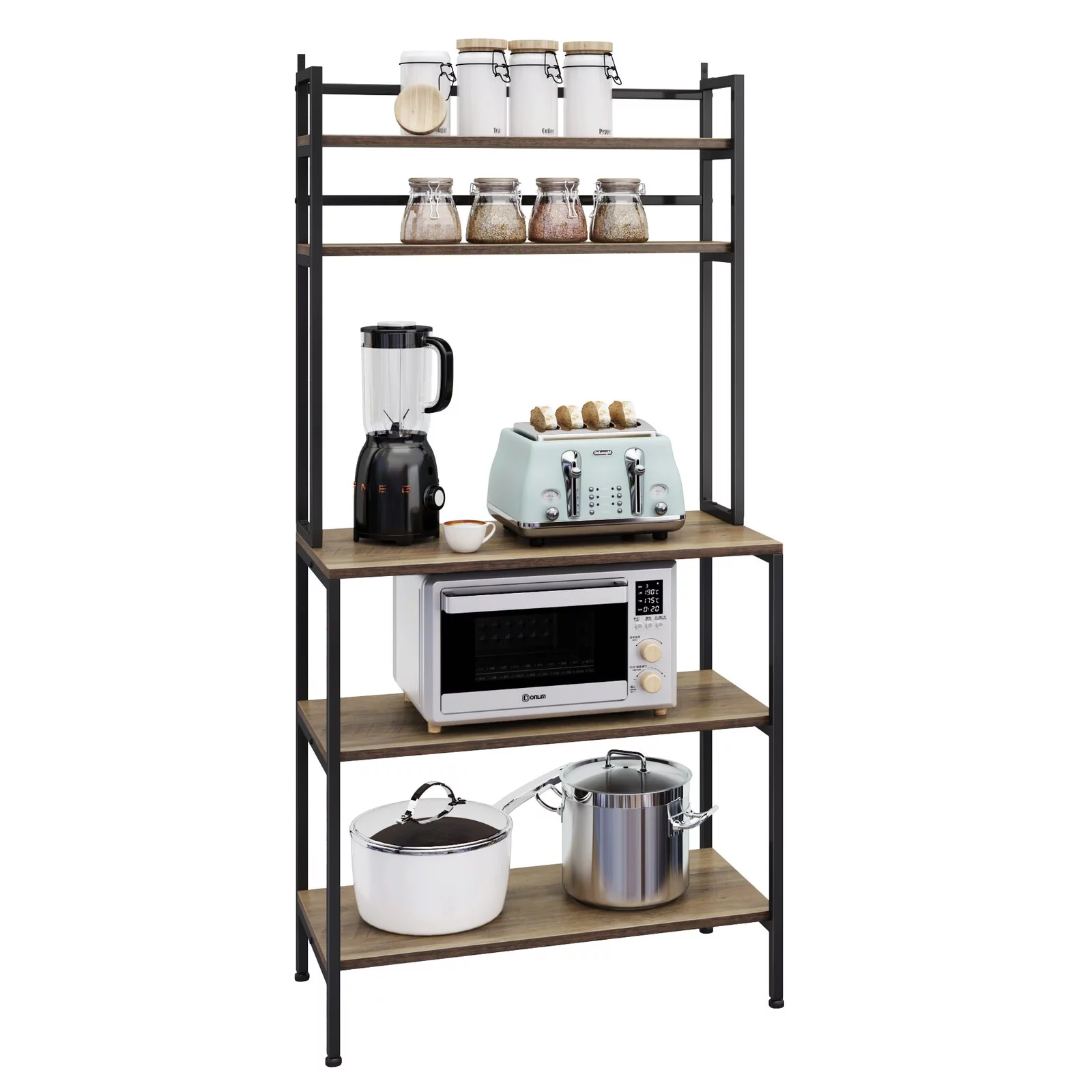 Homfa 5-Tier Kitchen Hutch. Microwave Oven Stand with Metal Frame. Wood Storage Shelf. Rustic Brown Finish