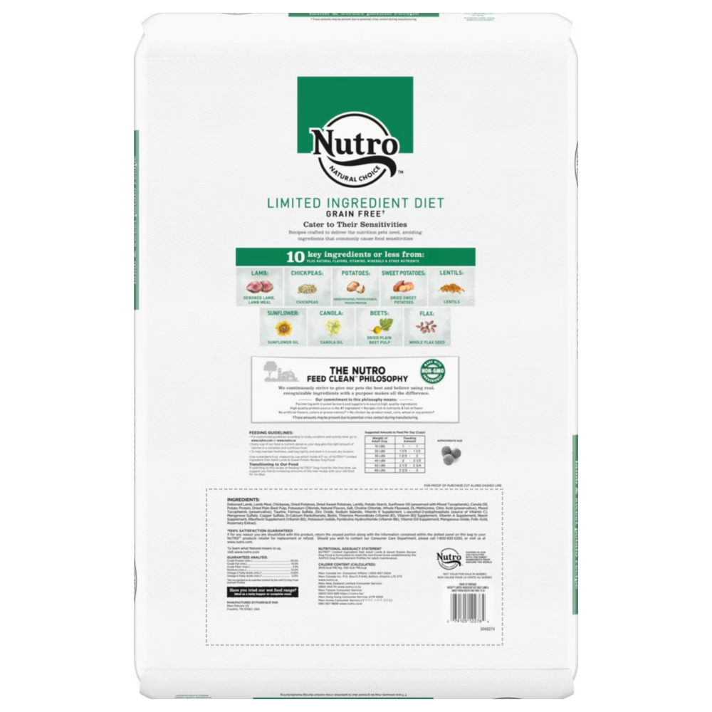 Nutro Limited Ingredient Diet Sensitive Support with Real Lamb & Sweet Potato Grain-Free Adult Dry Dog Food. 22 lbs