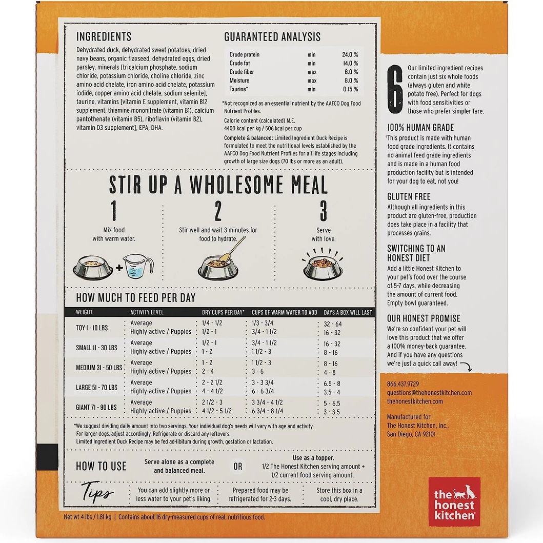 The Honest Kitchen Limited Ingredient Diet Duck Recipe Grain-Free Dehydrated Dog Food. 4-lb box