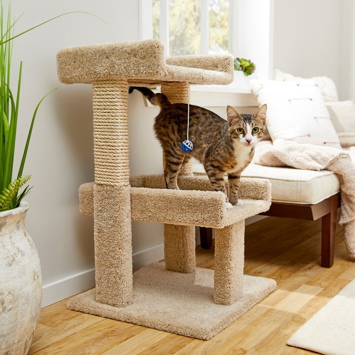 Frisco 32-in Real Carpet Wooden Cat Tree with Toy. Beige
