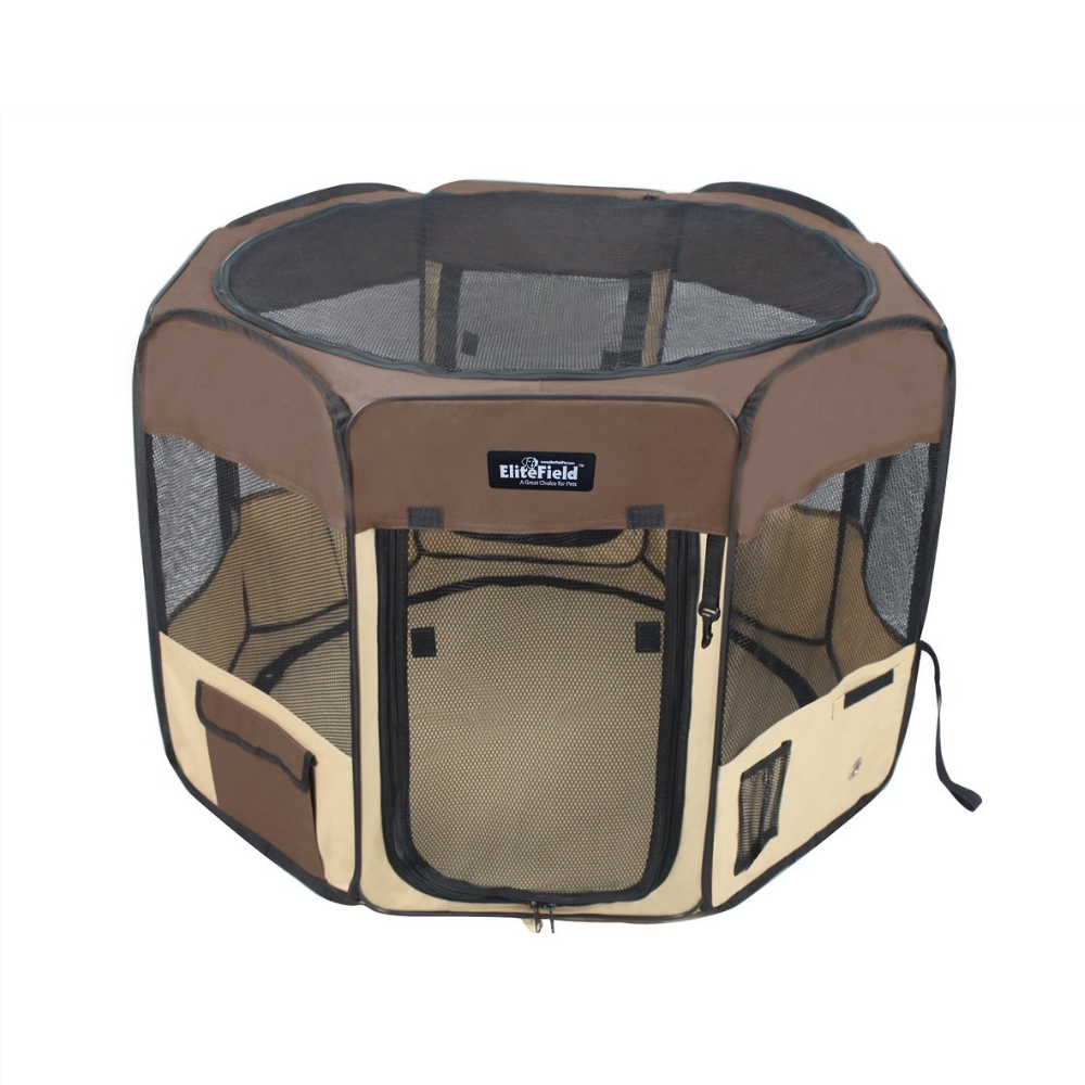 EliteField 2-Door Soft-Sided Dog & Cat Playpen. Brown & Beige. 36 x 36 x 24-in