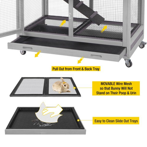 Aivituvin Large Indoor Rabbit Hutch Outdoor Bunny Cage with Slide Tray-Gray