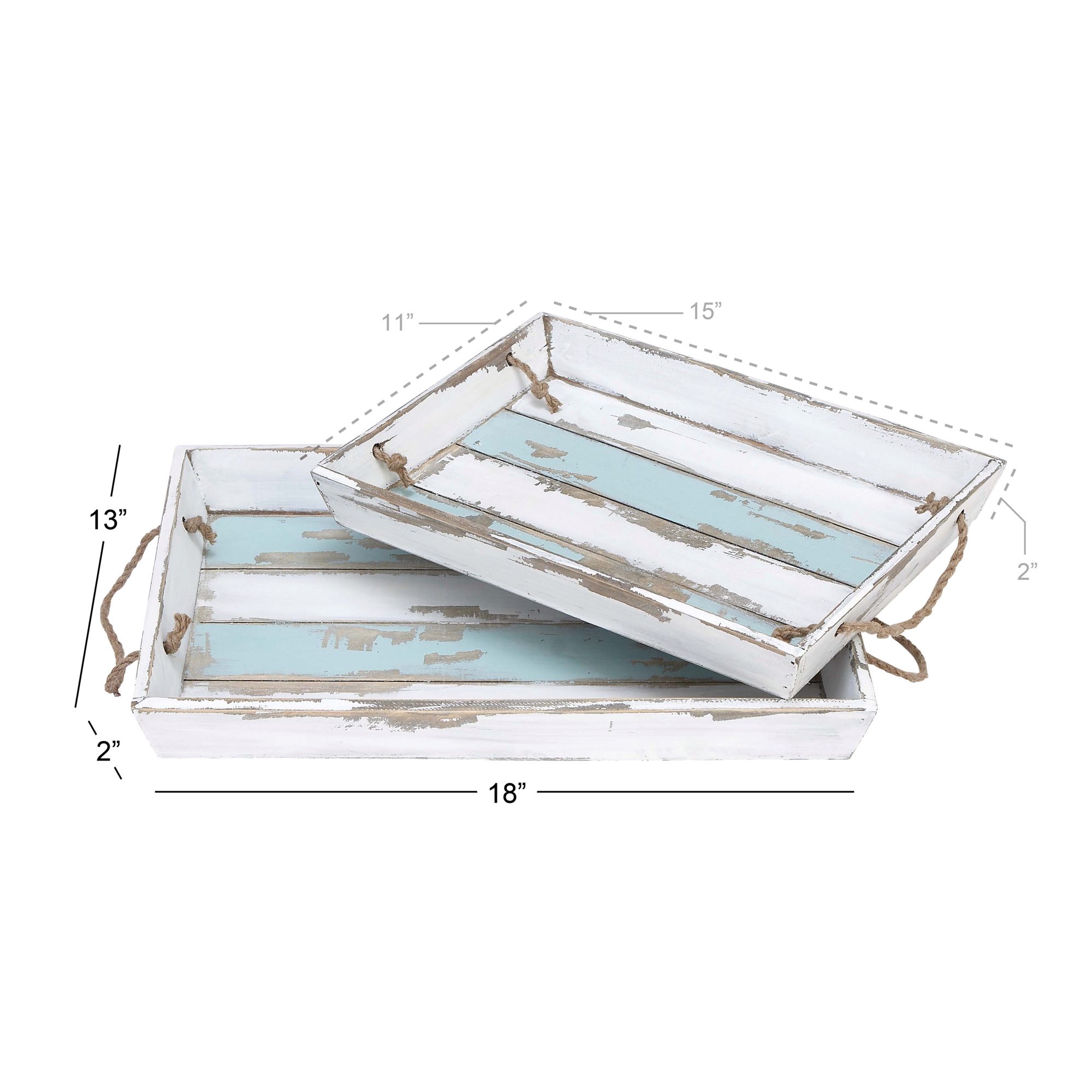 DecMode 18″. 15″W White Wood Tray with Blue Stripe. 2-Pieces