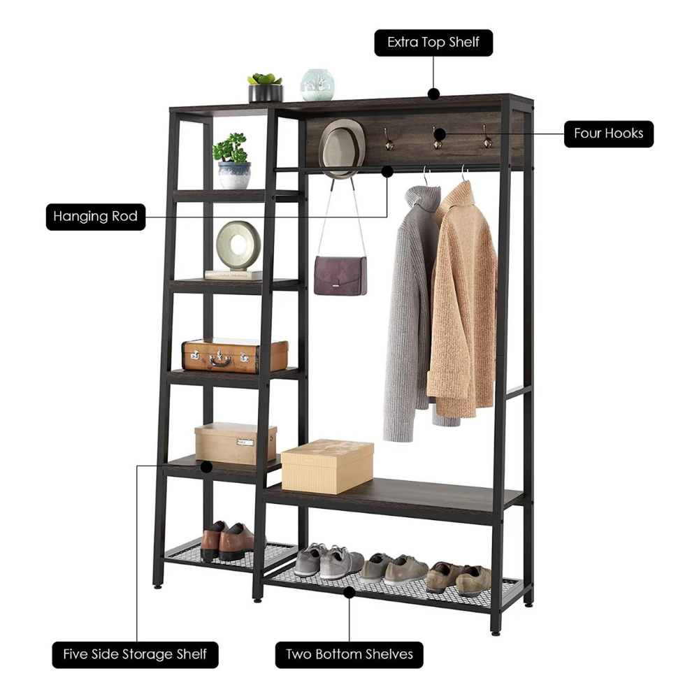 Homfa Closet Rack. 3 In 1 Metal Hall Tree. Free Standing Closet Organizer. Dark Brown