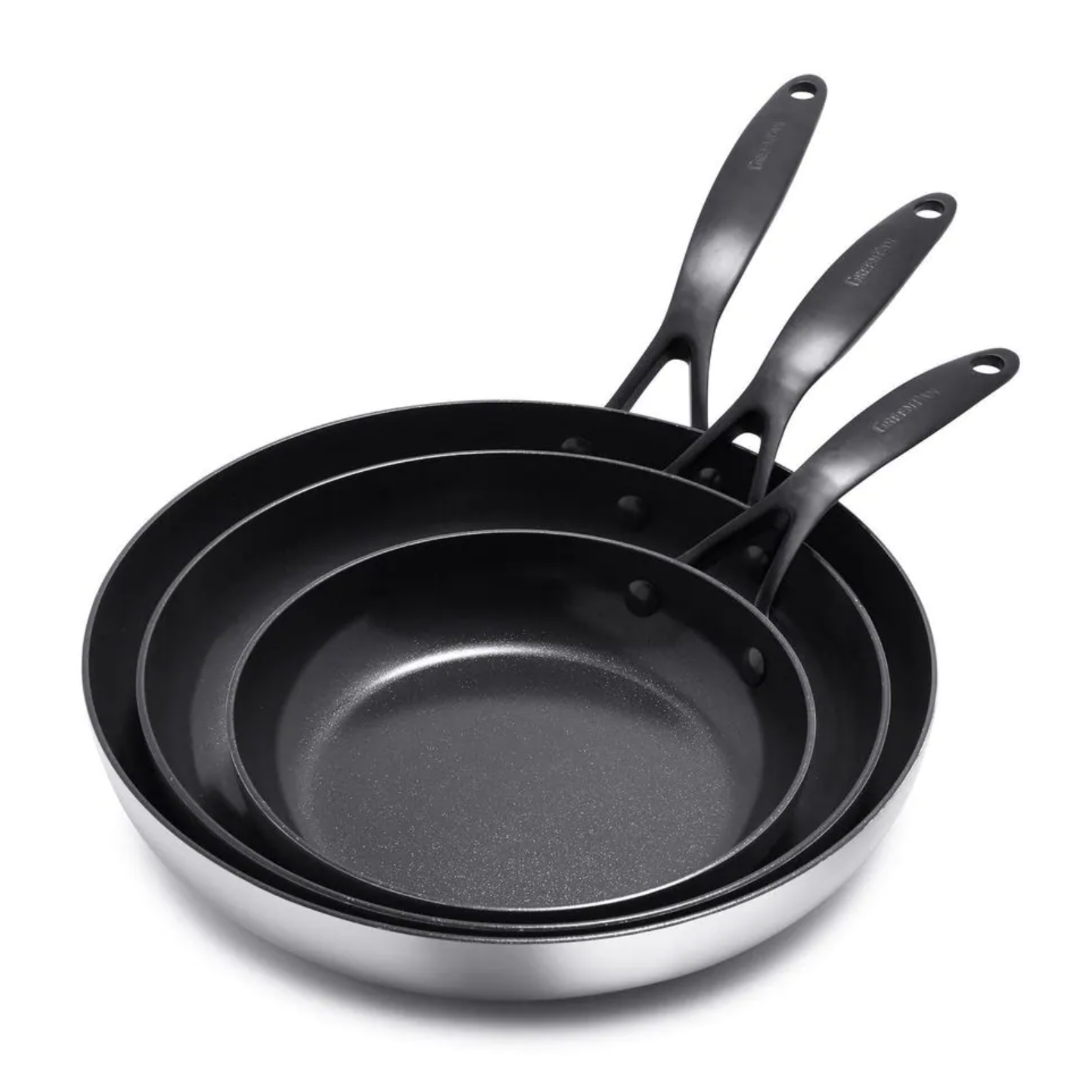 GreenPan Venice Pro Noir Tri-Ply Stainless Steel Healthy Ceramic Nonstick 3 Piece. 8 in. 10 in. and 12 in. Frying Pan Skillet Set