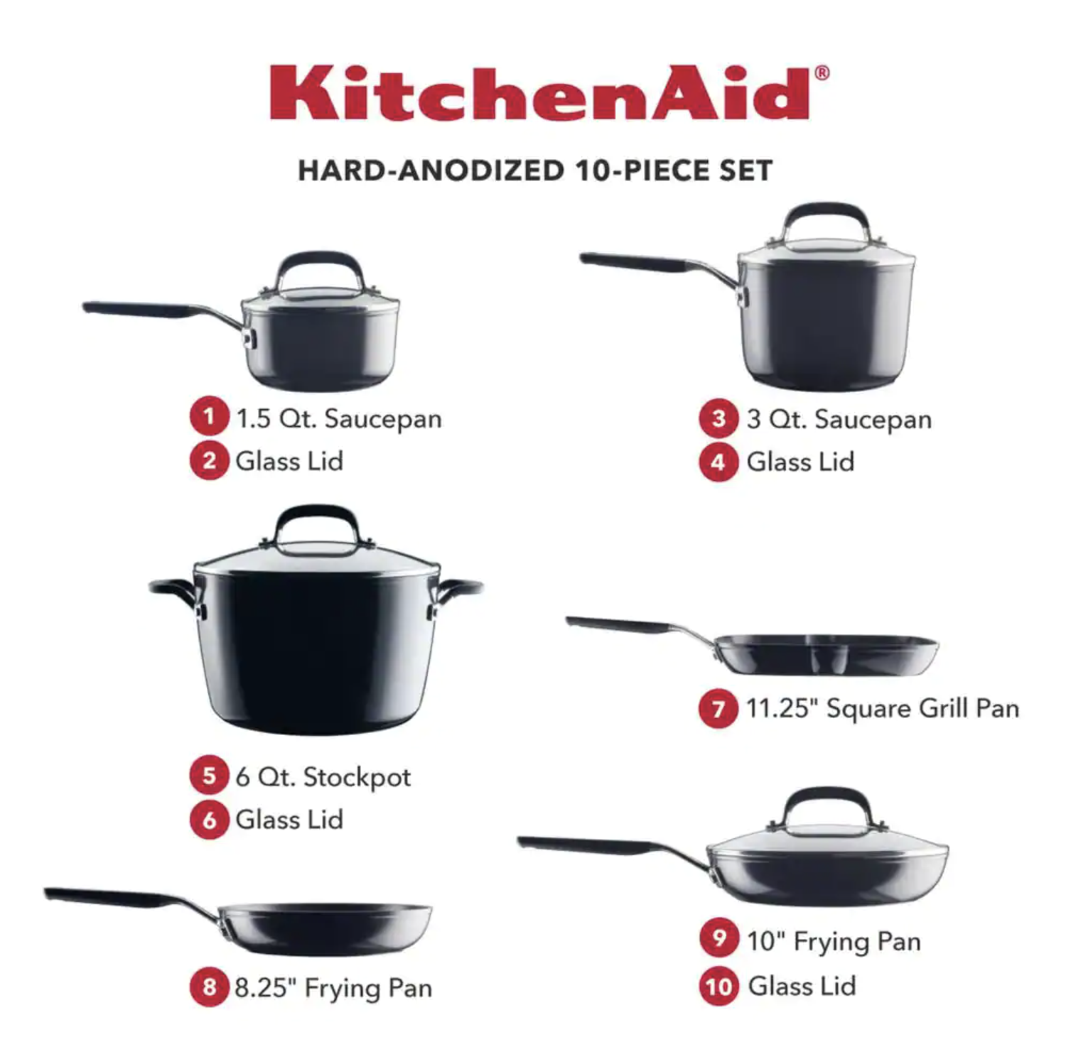 KitchenAid Hard Anodized Nonstick 10 Piece Hard Andozed Aluminum Nonstick Cookware Set. Onyx