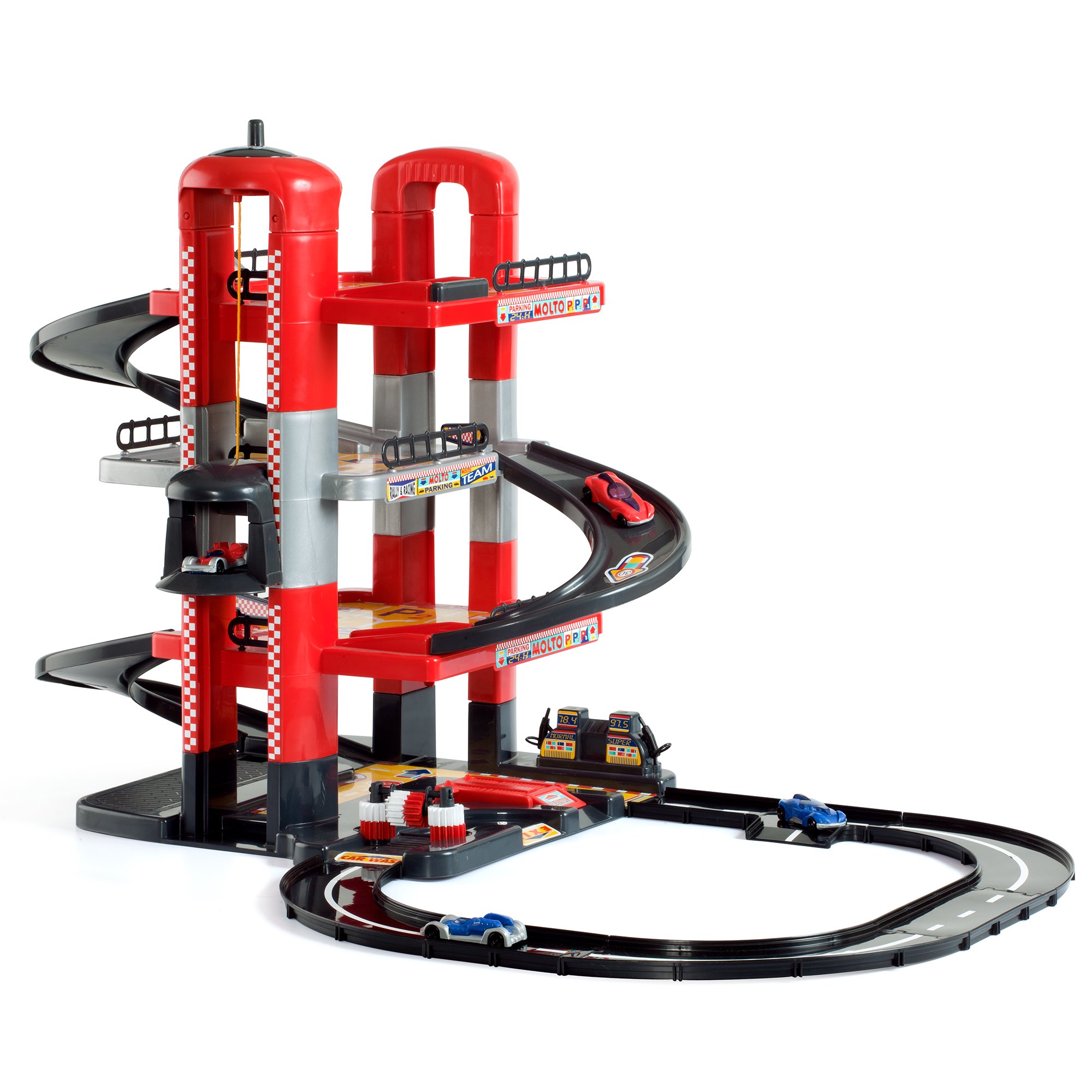 Molto Diecast Toy Car Parking Garage Playset. 4 Story with Tracks. Includes 2 Cars