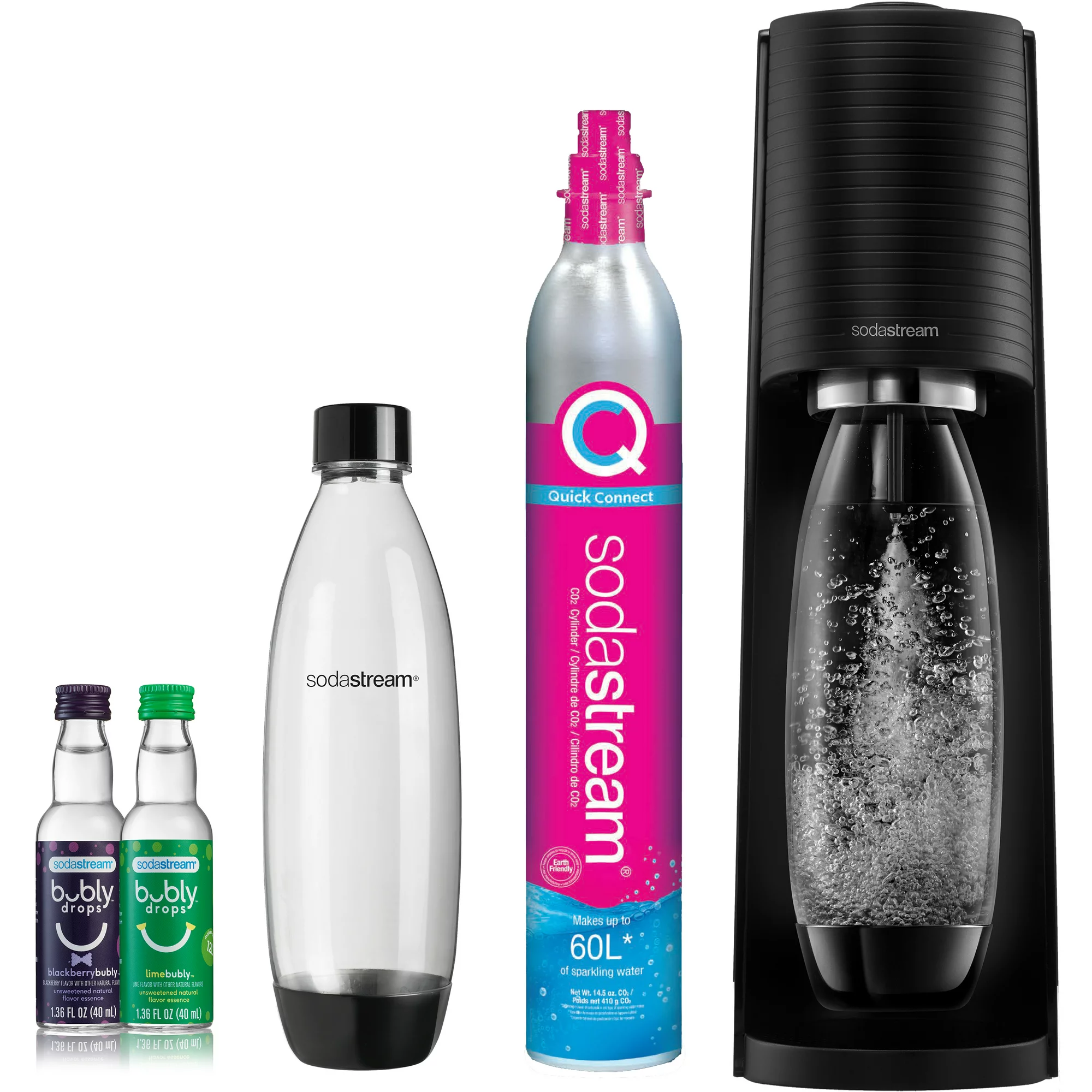 SodaStream Terra Sparkling Water Maker Bundle with CO2. 2 Bottles and 2 Bubly Drops Flavoring. Black