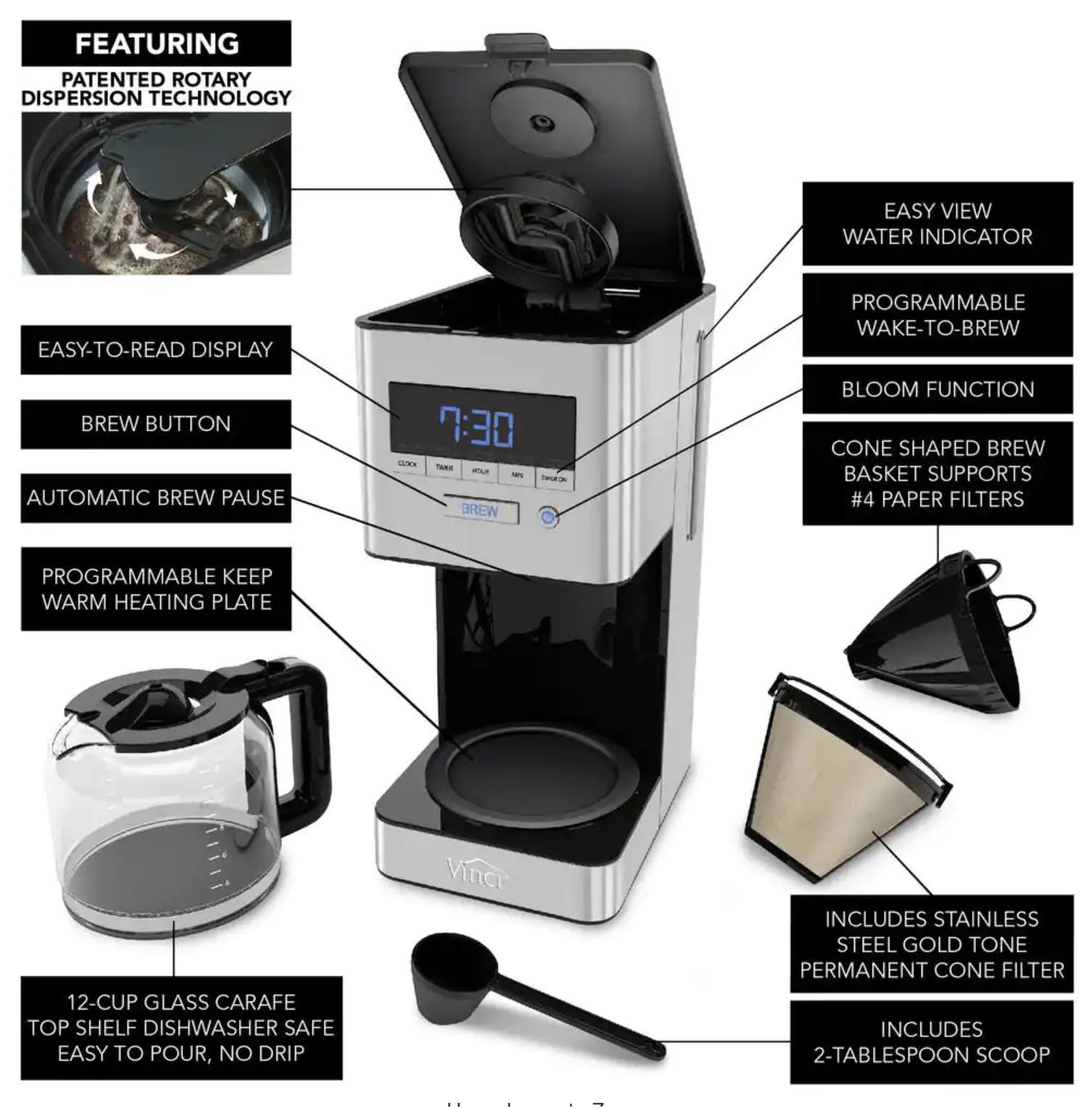 Vinci RDT Spinning Sprayhead 12- Cup Stainless Steel Programmable Auto Pour Over Coffee Maker with Rotary Dispersion Technology